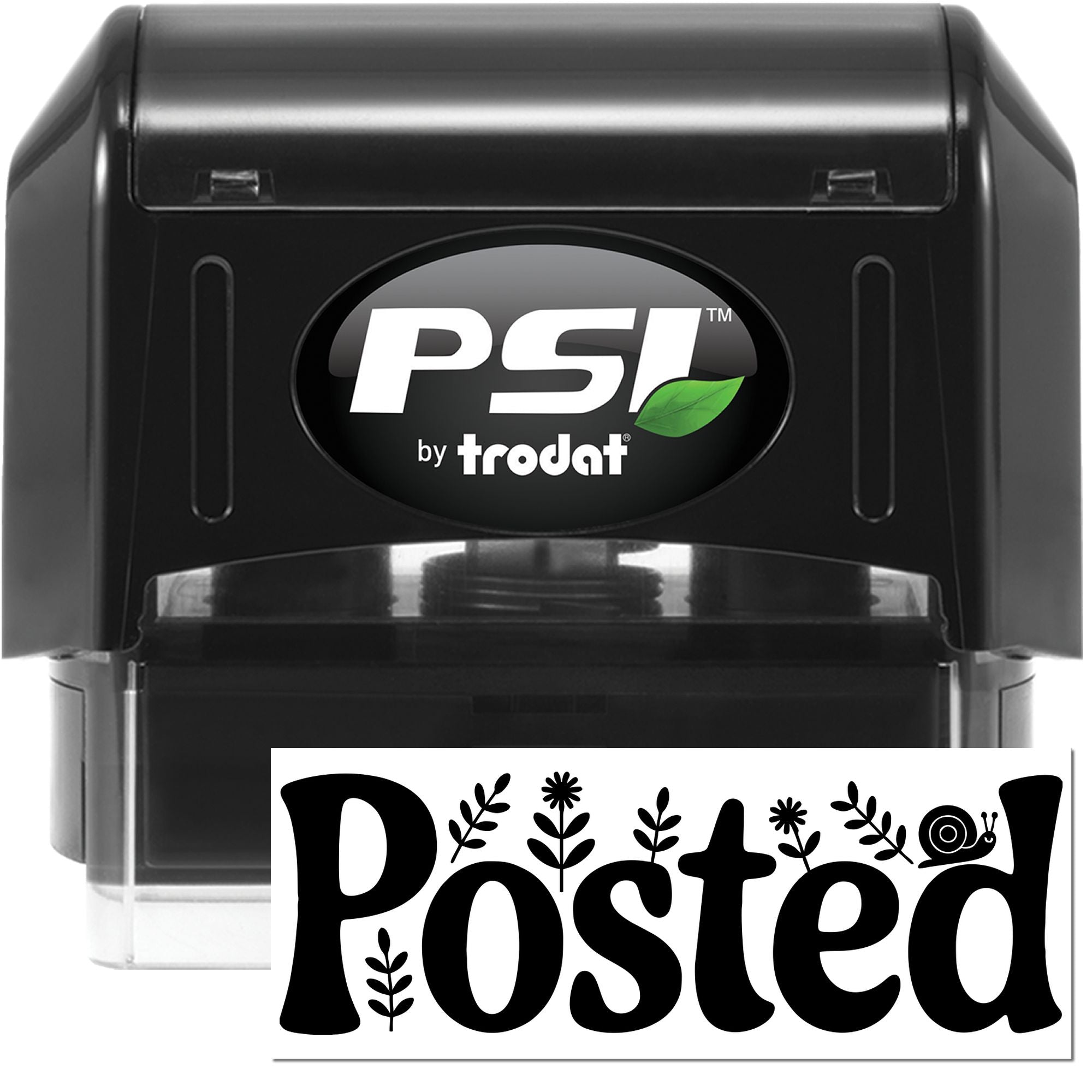 Black PSI by Trodat self-inking stamp and seal set, black with green leaf logo and white Posted label.