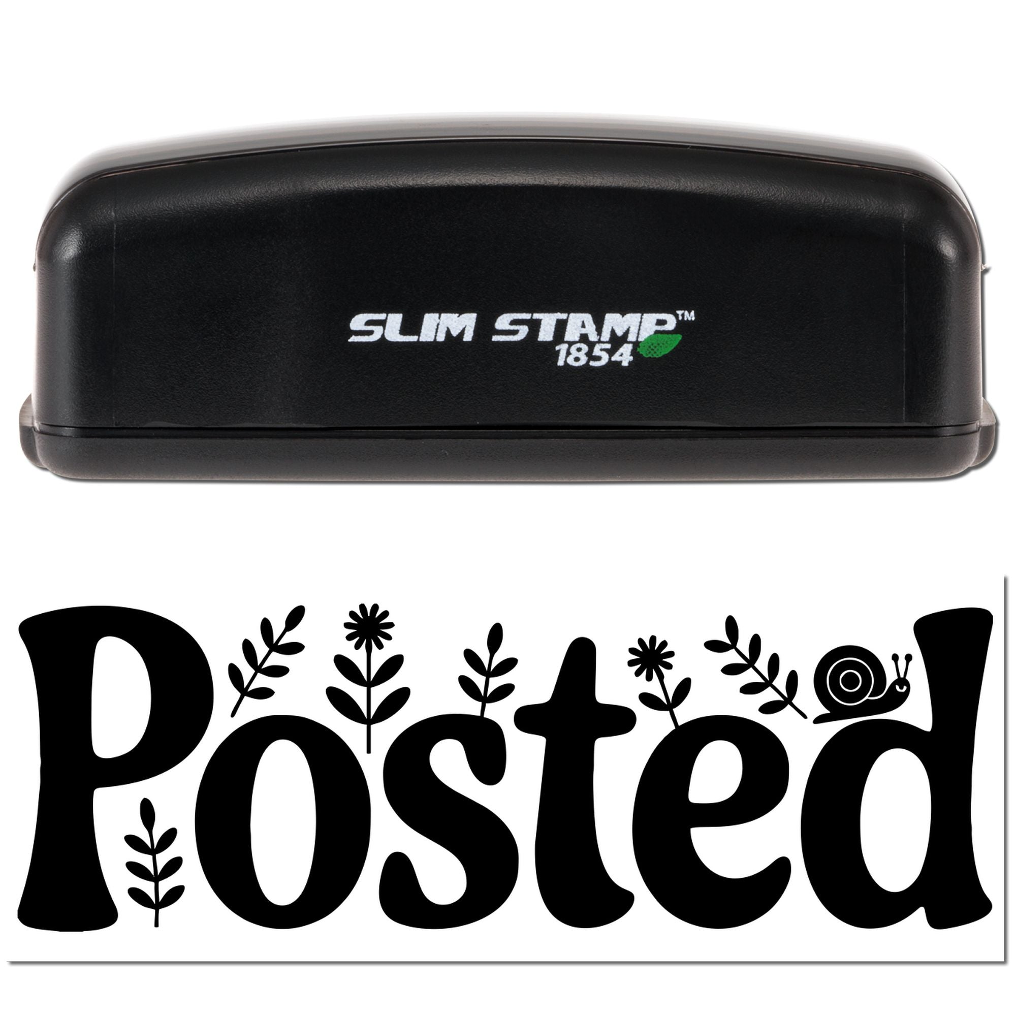 Black Slim Stamp 1854 stamp and seal set with green leaf logo and decorative Posted design, floral and snail accents.