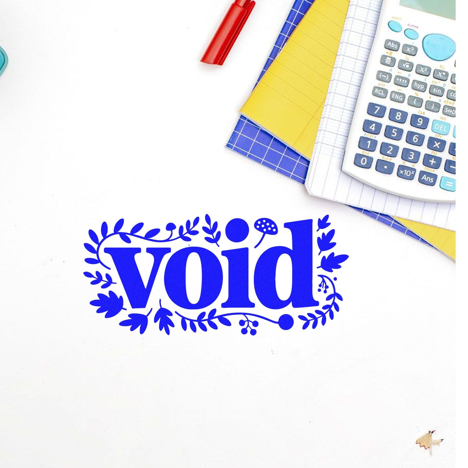 Blue floral void stamp seal on white paper with calculator, notebooks and red pen
