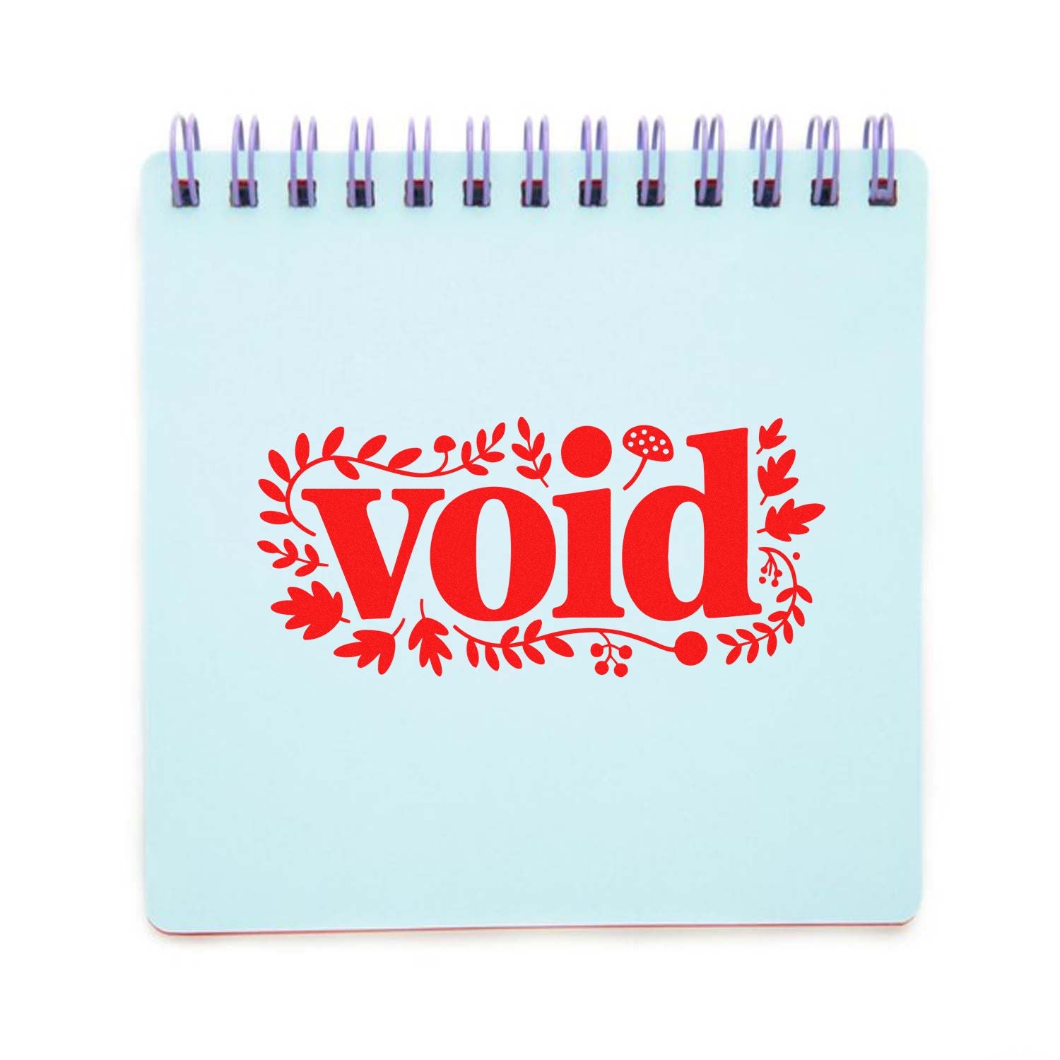 Light blue spiral notebook featuring a bold red VOID stamp seal with floral wreath design.