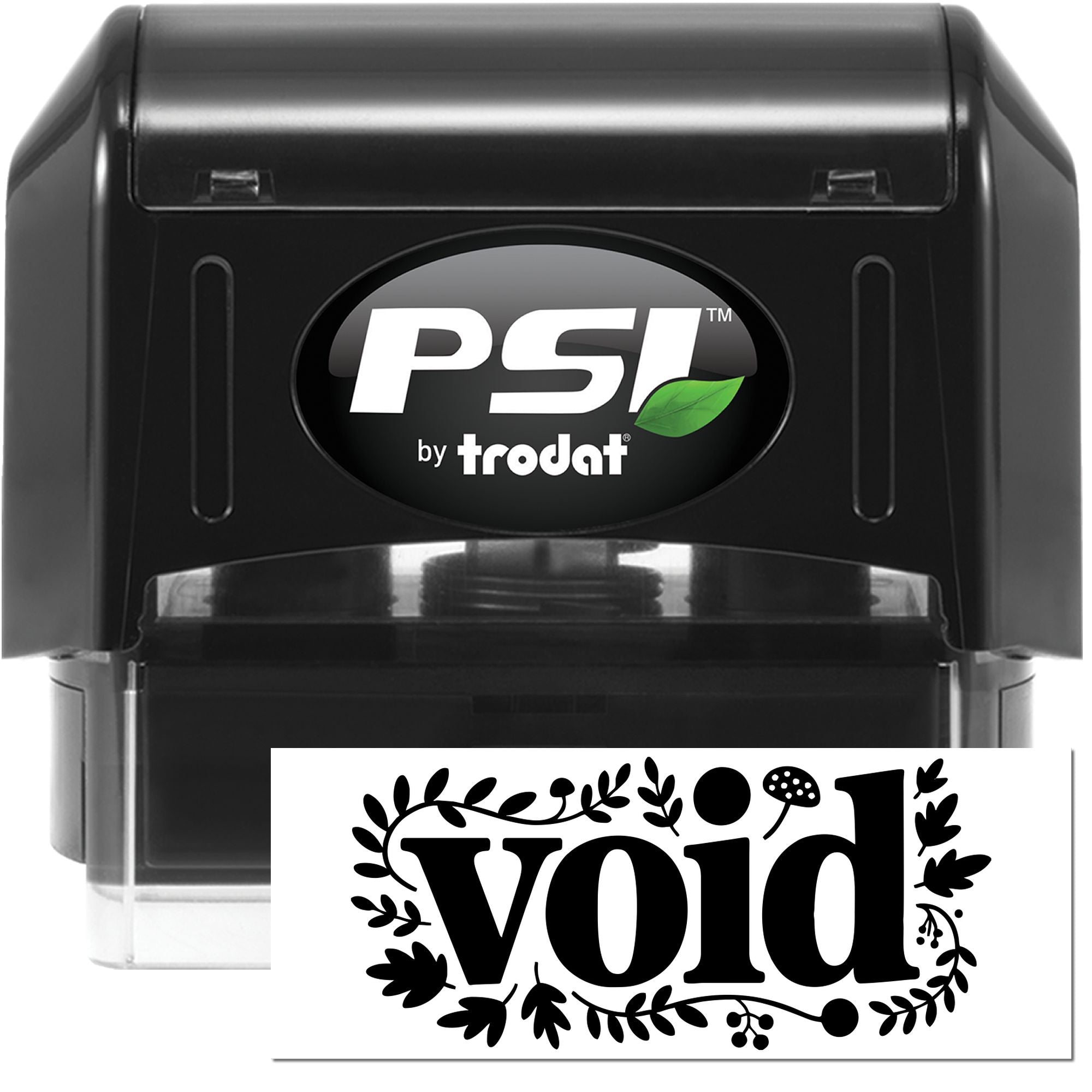 Black PSI by Trodat self-inking stamp and seal, black casing, green leaf logo, with a white void seal design.