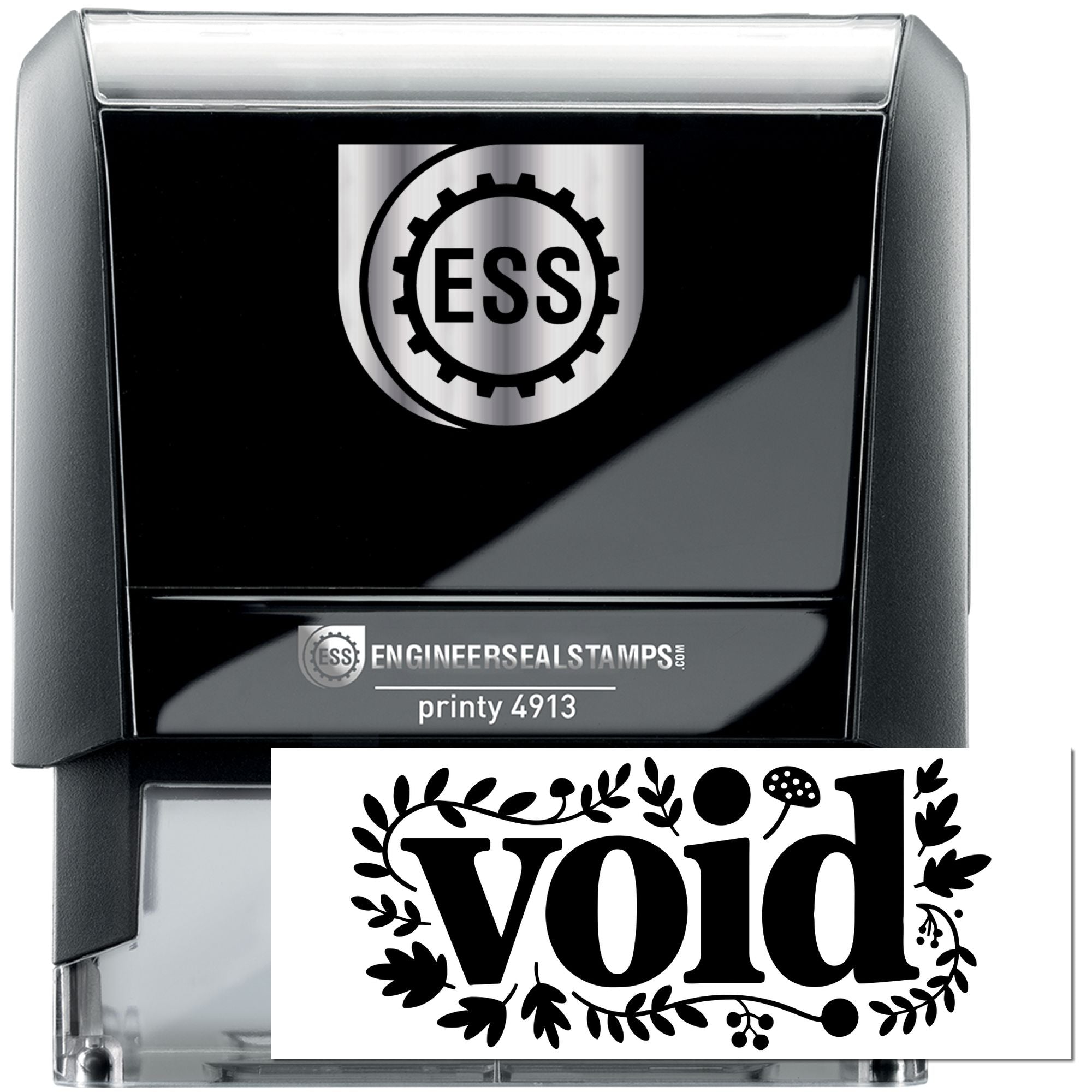 Black self-inking ESS engineer seal stamp with silver top and white void insert with floral border.