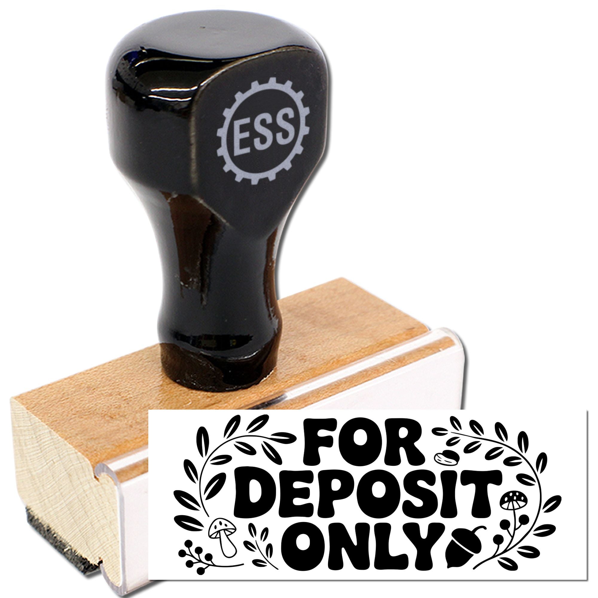 Black self-inking deposit seal stamp on wooden block with white FOR DEPOSIT ONLY text and leaf motifs.