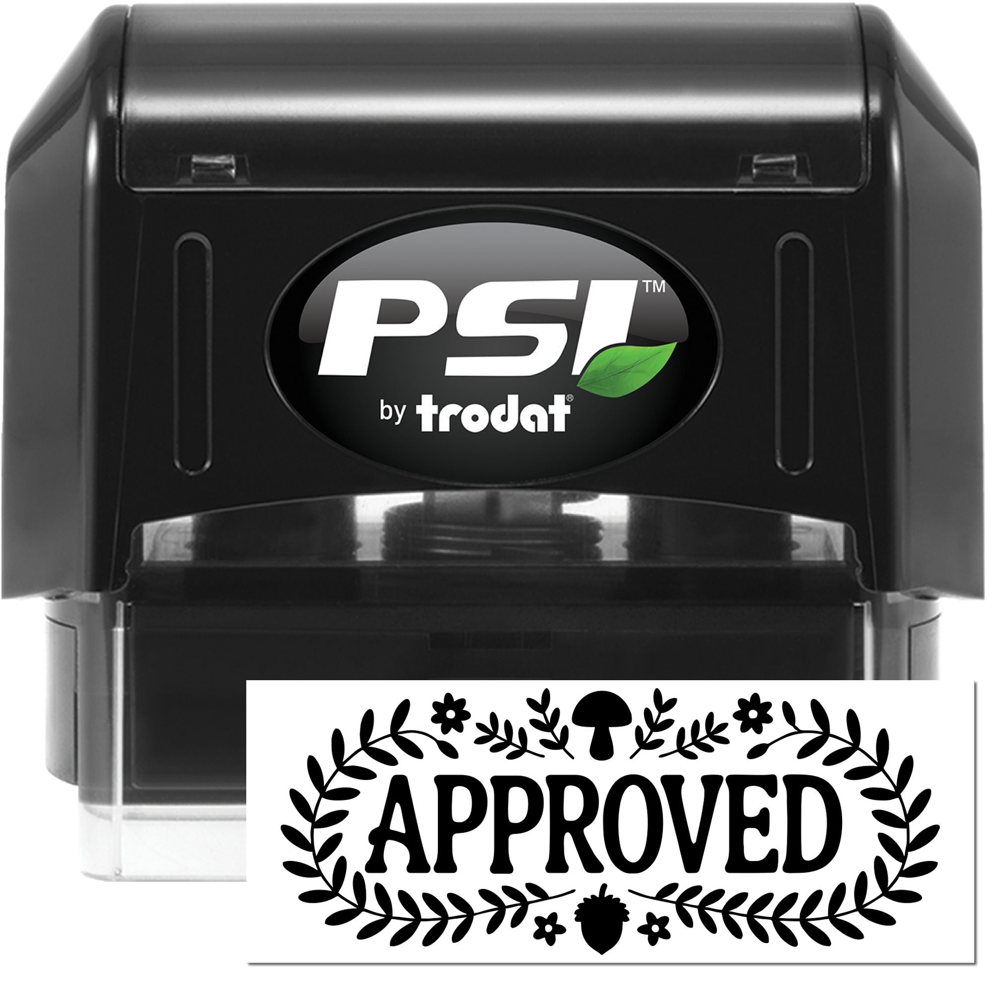 Black PSI by Trodat self-inking stamp with APPROVED seal and green leaf logo on a white background.