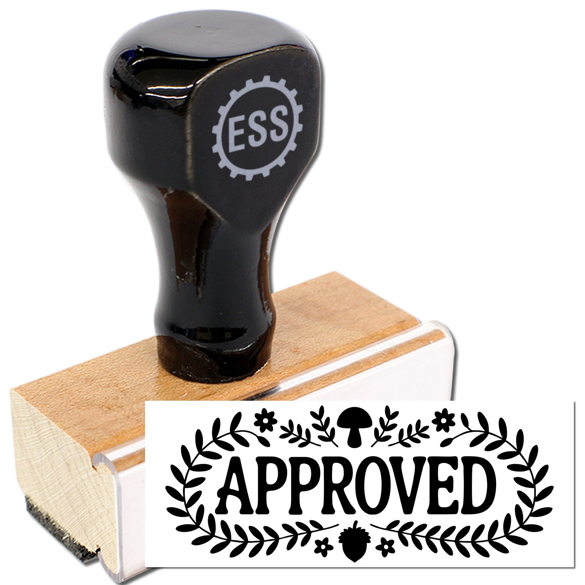Black ESS rubber stamp with wooden base and white APPROVED seal design on a white background