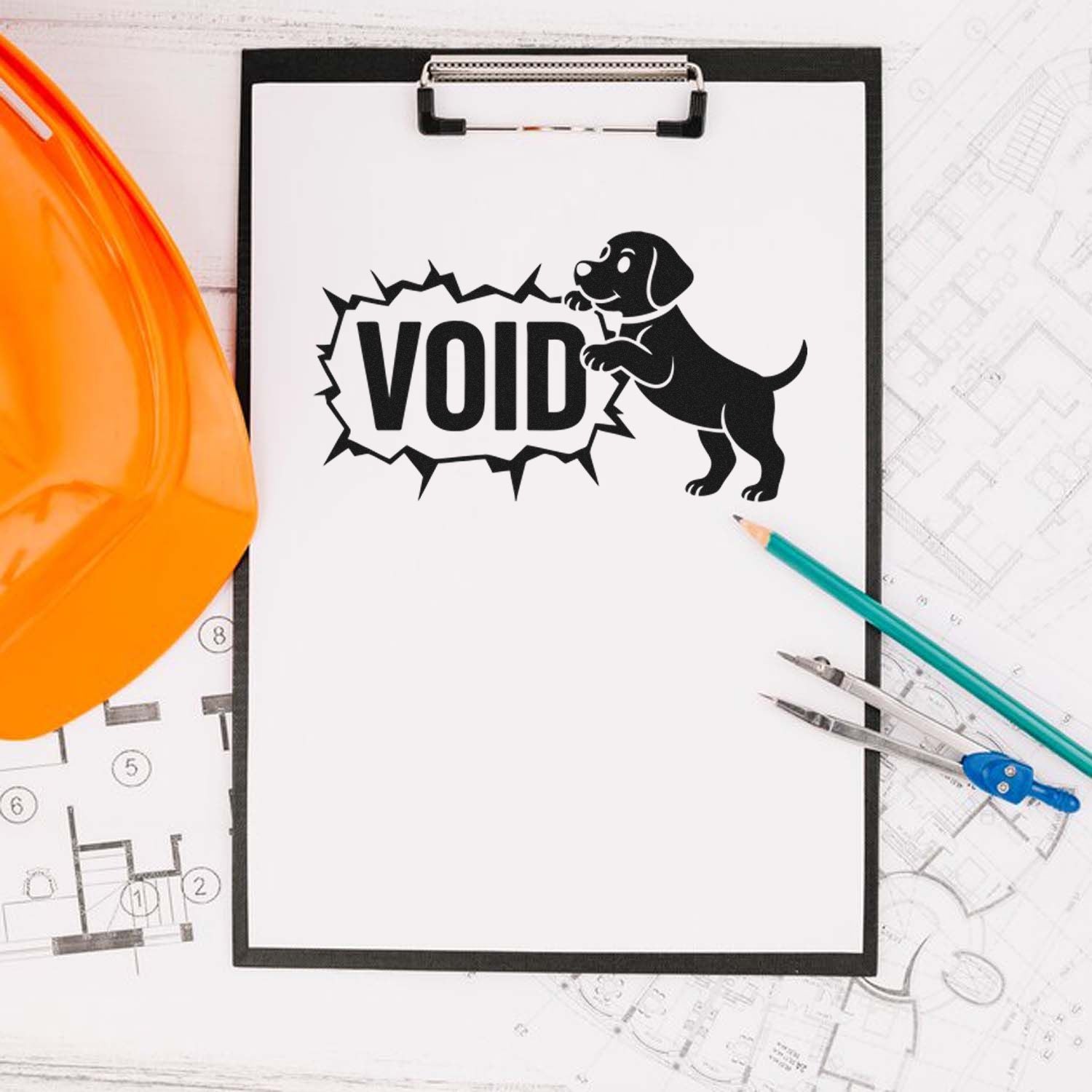 Black VOID stamp seal with dog icon on a clipboard, beside an orange hard hat, pencils, and blueprints.