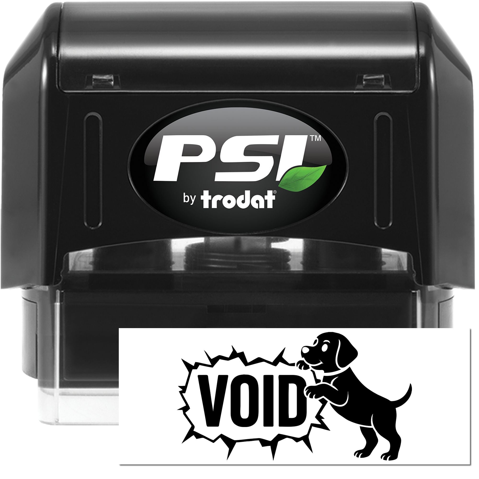 Black PSI by Trodat self-inking stamp with VOID seal, dog graphic, and green leaf logo on a white background.