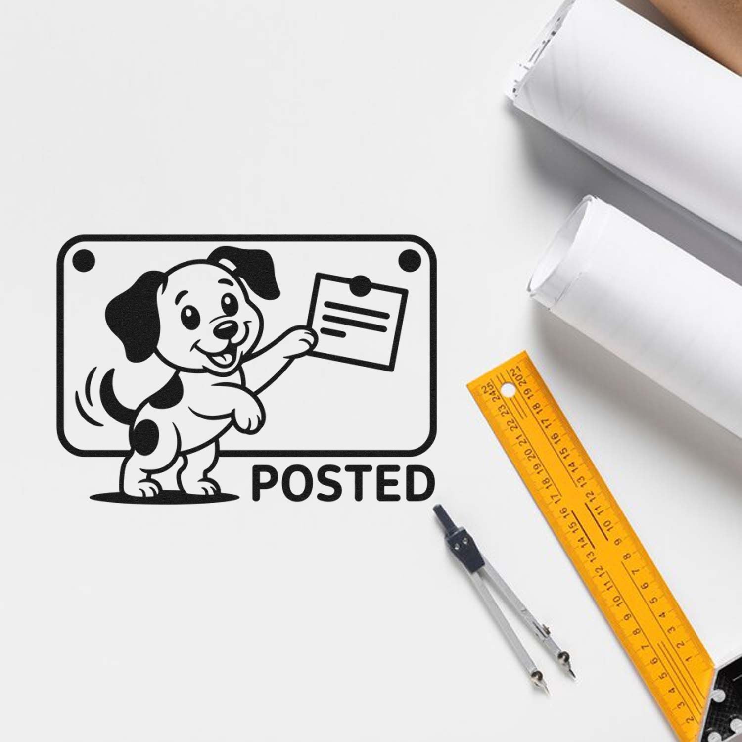 Black dog POSTED stamp seal with paper icon, beside yellow ruler and drafting tools on a white background.