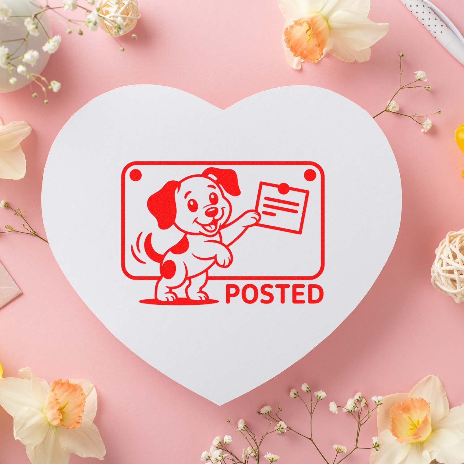 White heart-shaped seal with a red POSTED dog stamp on a pink floral background