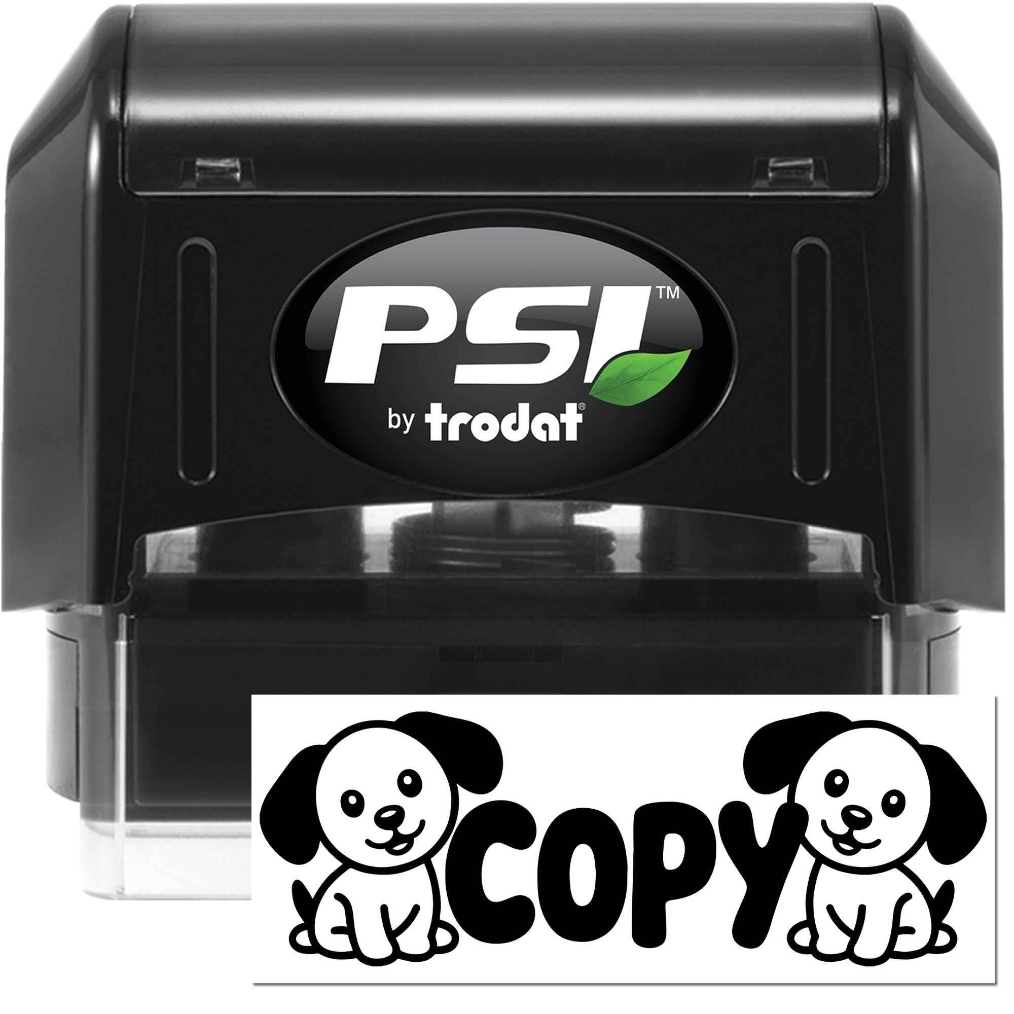Black PSI by Trodat self-inking stamp and copy seal with dog graphic, white insert, green leaf accent
