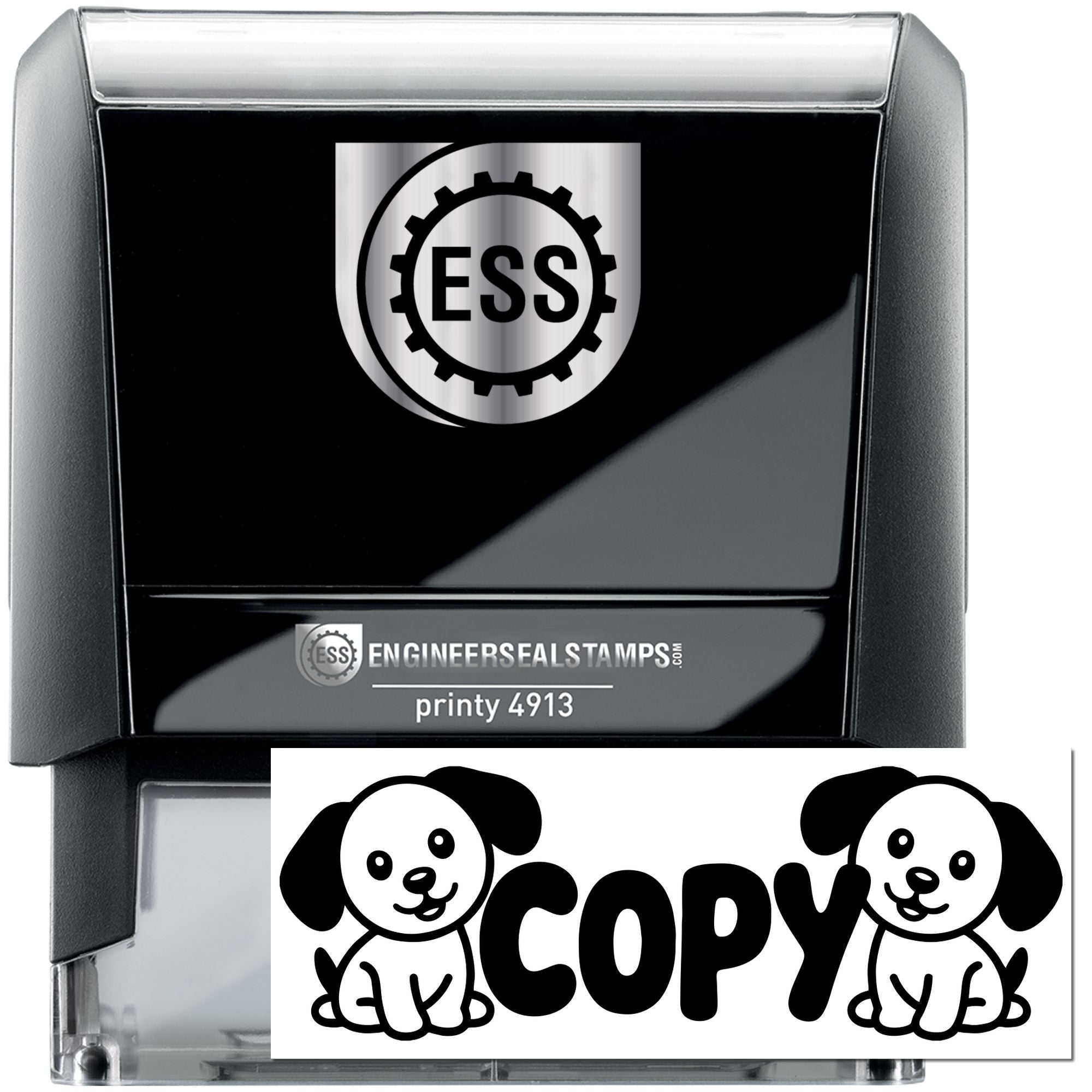 Black and silver ESS self-inking stamp and seal with gear logo, printy 4913, and Copy dog design