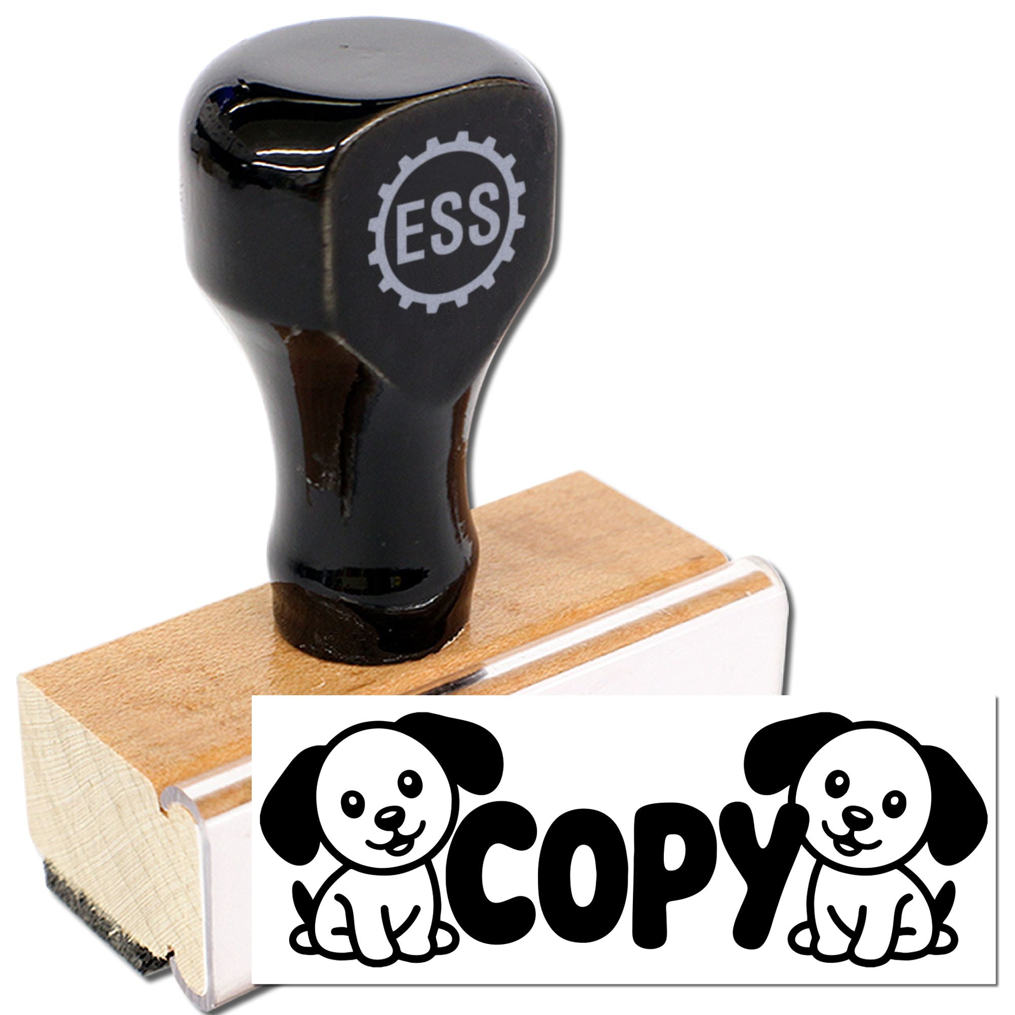 Black ESS rubber stamp and wooden seal block with cartoon dog COPY design on white background.