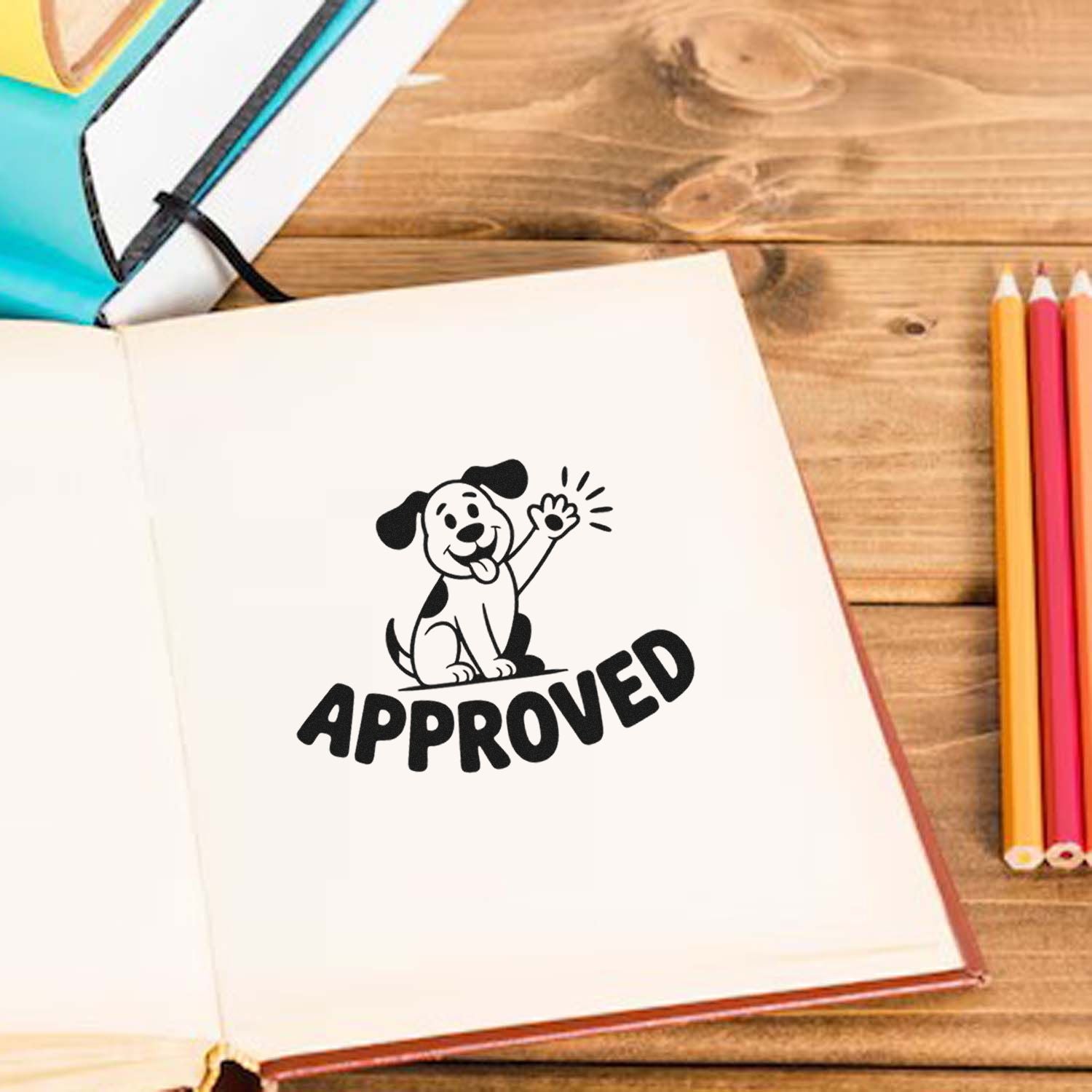 Black APPROVED stamp with cartoon dog on open notebook, stamp and seal product on wooden desk with colored pencils.