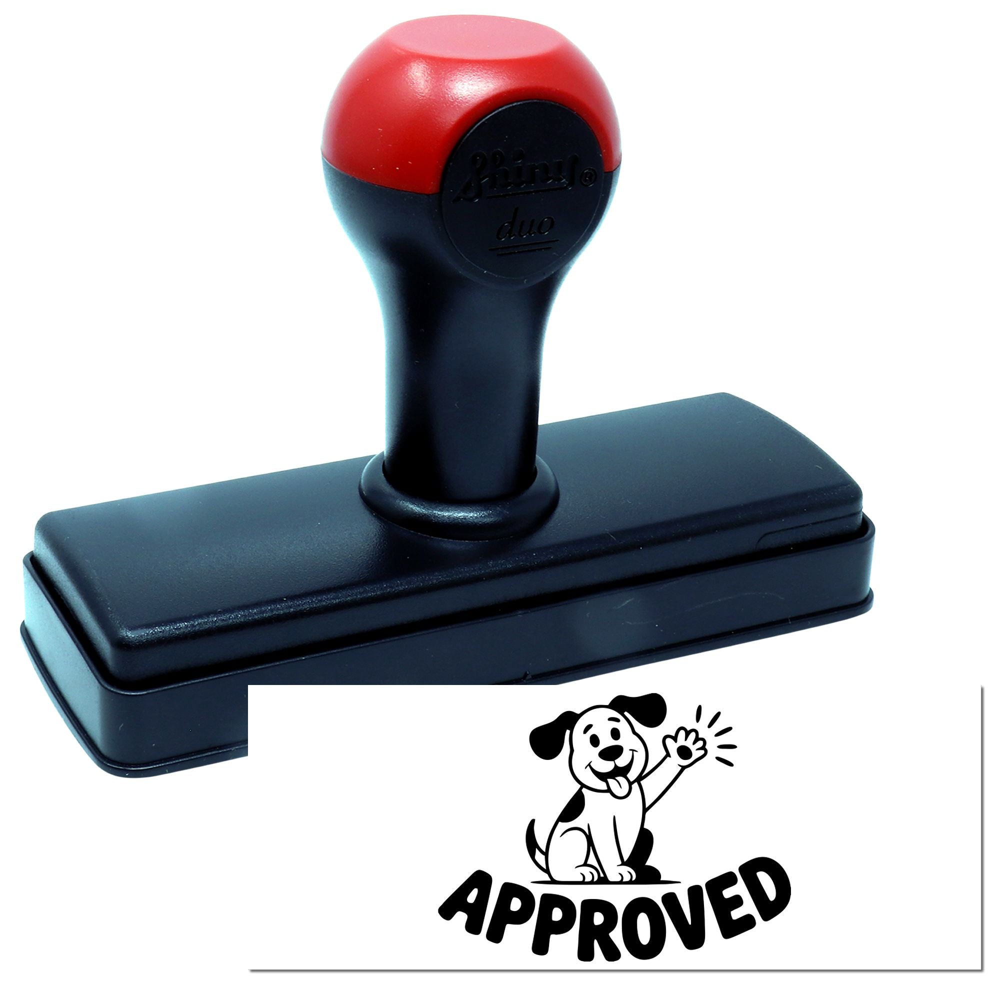 Red and black self-inking stamp and seal with approved dog logo on white background