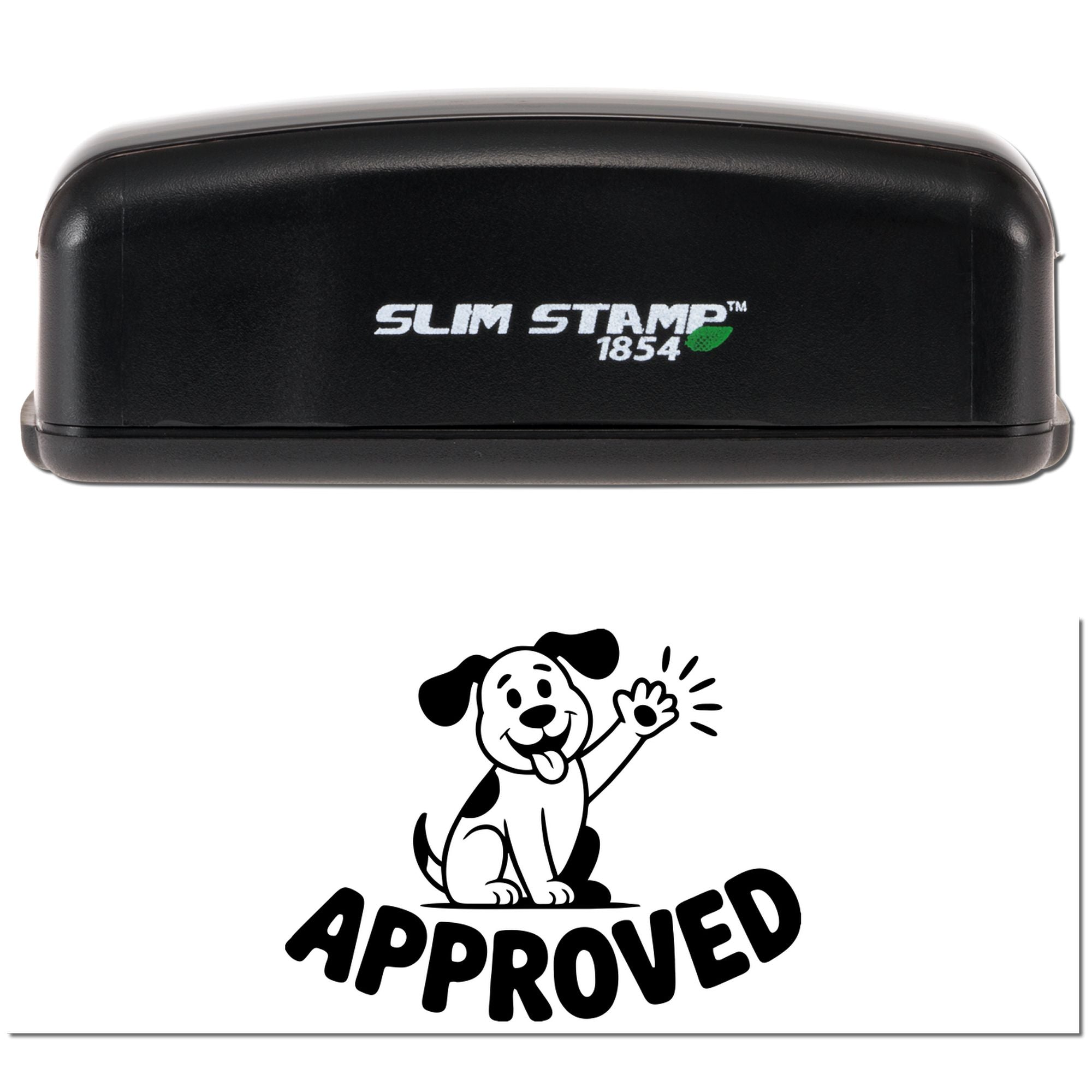 Black Slim Stamp 1854 self-inking stamp and seal with black dog APPROVED imprint on white paper