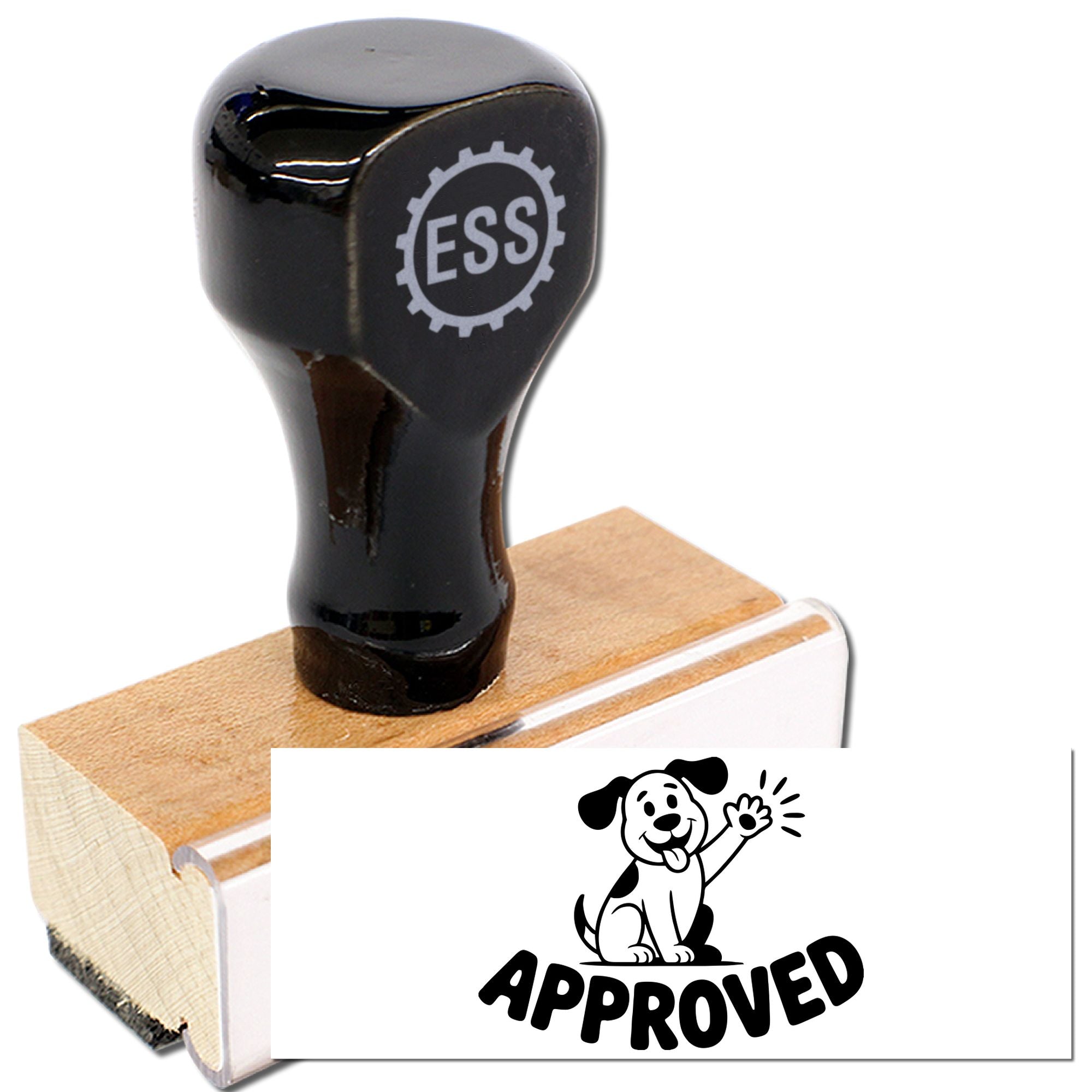 Black ESS rubber stamp on wood base beside wooden APPROVED stamp with dog graphic and white seal imprint.