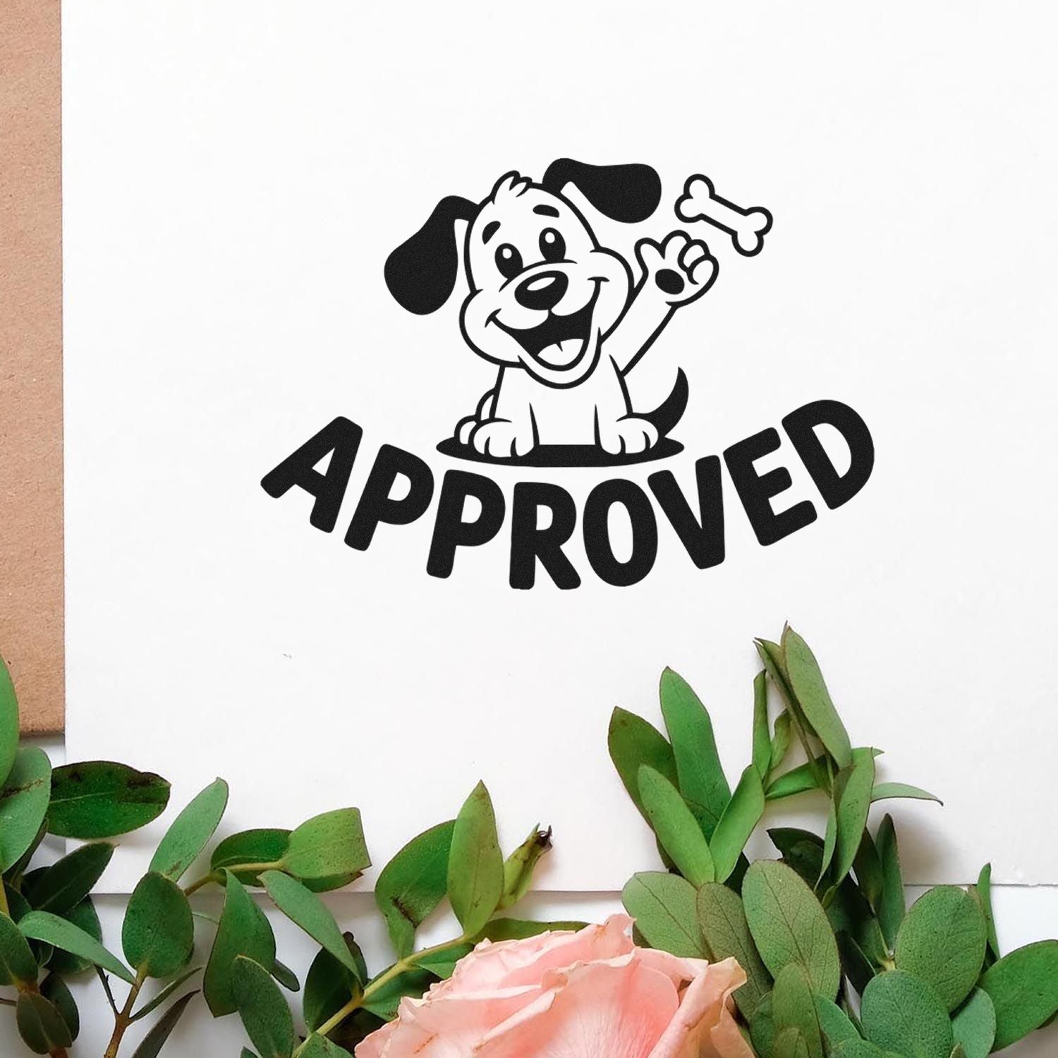 Black approved stamp seal featuring a cartoon dog and bone on white paper, framed by green leaves and pink rose.