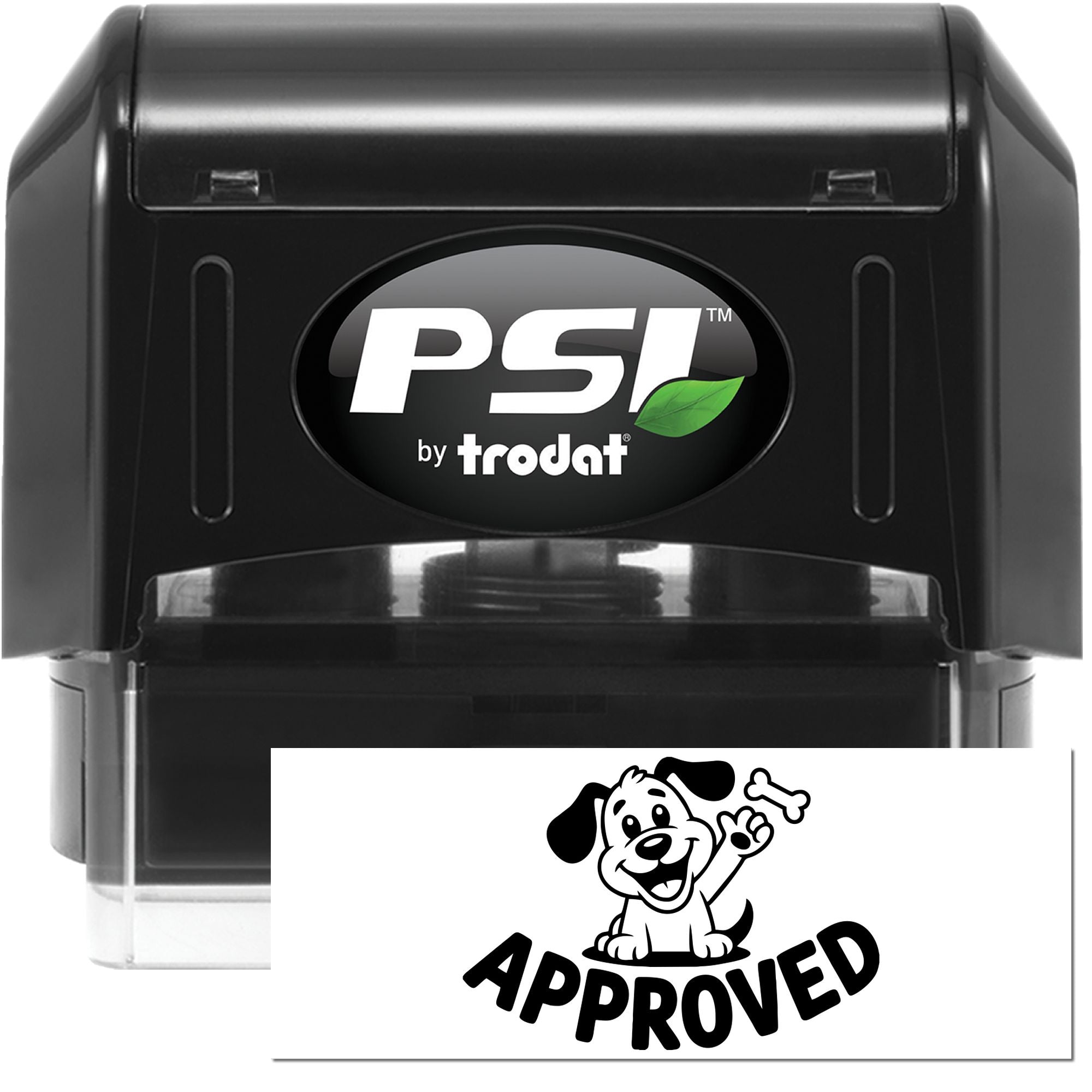 Black PSI by Trodat self-inking stamp and seal in black, with green leaf logo and Approved dog seal impression.