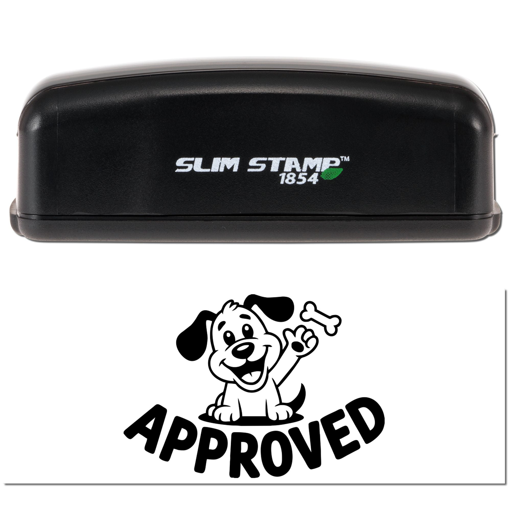 Black Slim Stamp 1854 self-inking stamp with dog-approved seal graphic on white background.