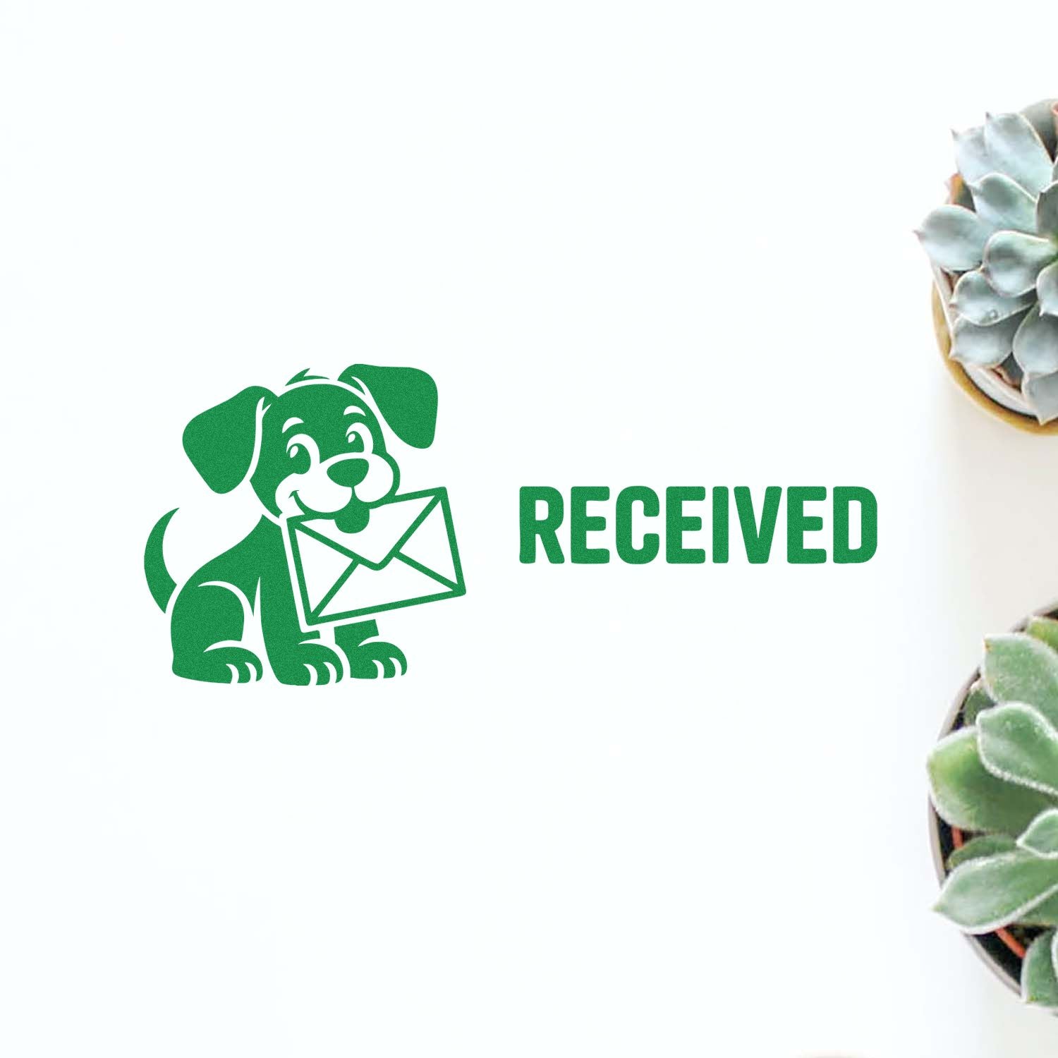 Green received stamp and seal with dog carrying envelope icon and bold RECEIVED text on white background.