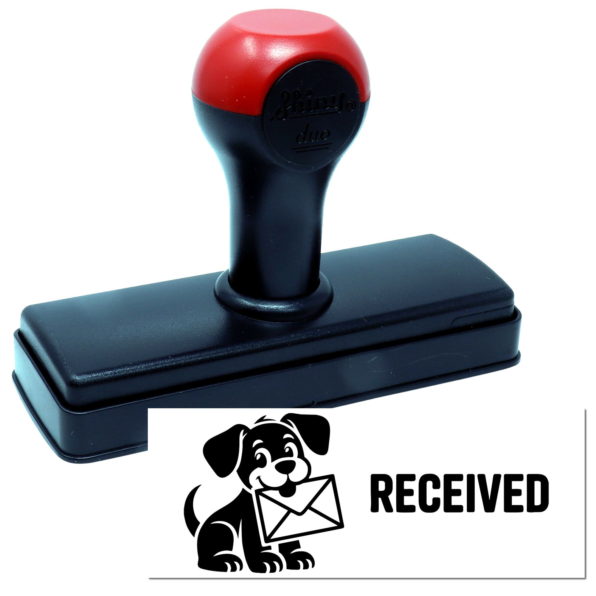 Red and black self-inking stamp with dog-and-envelope Received seal on white background
