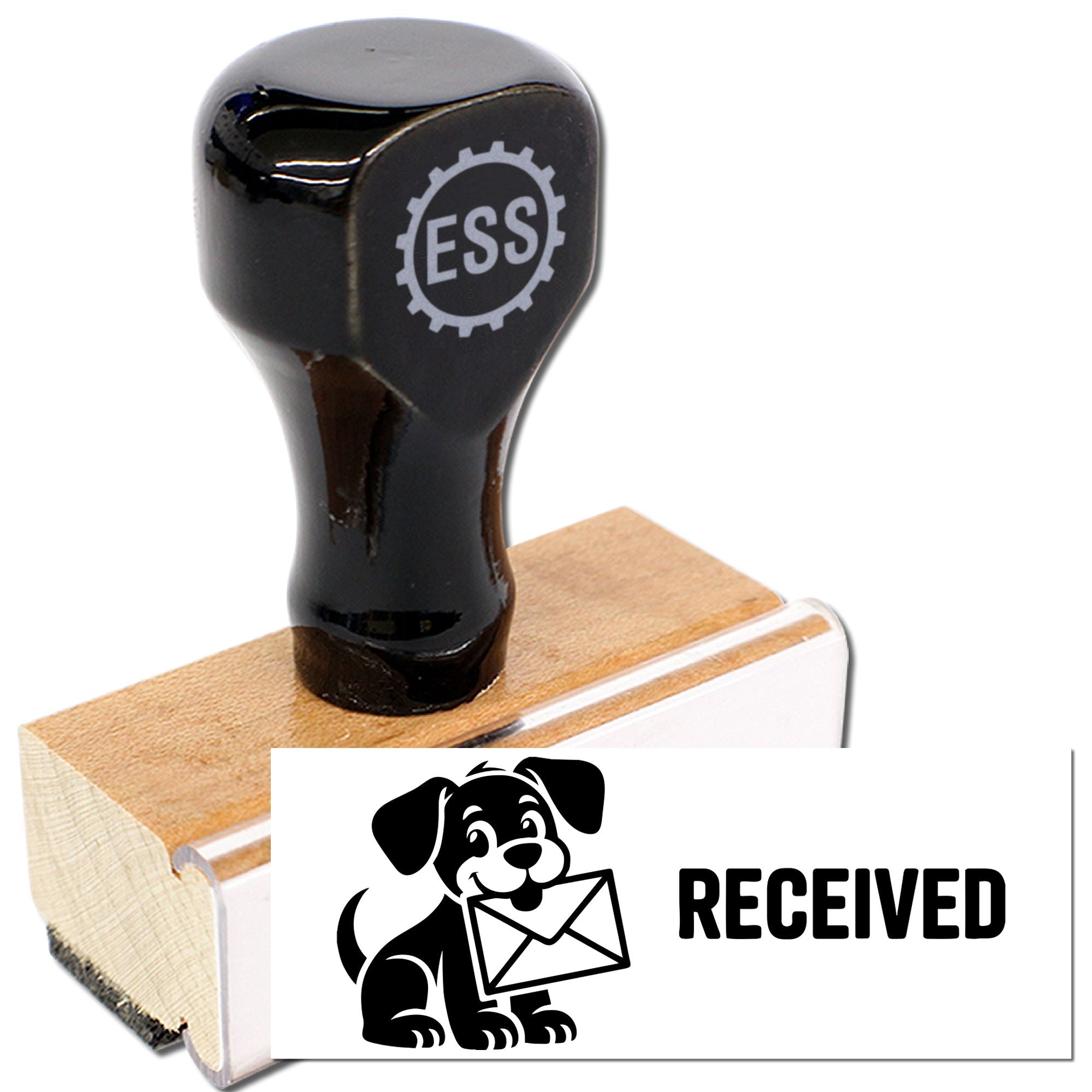 Black wooden self-inking stamp with ESS logo, printing a bold RECEIVED seal with dog and envelope graphic.
