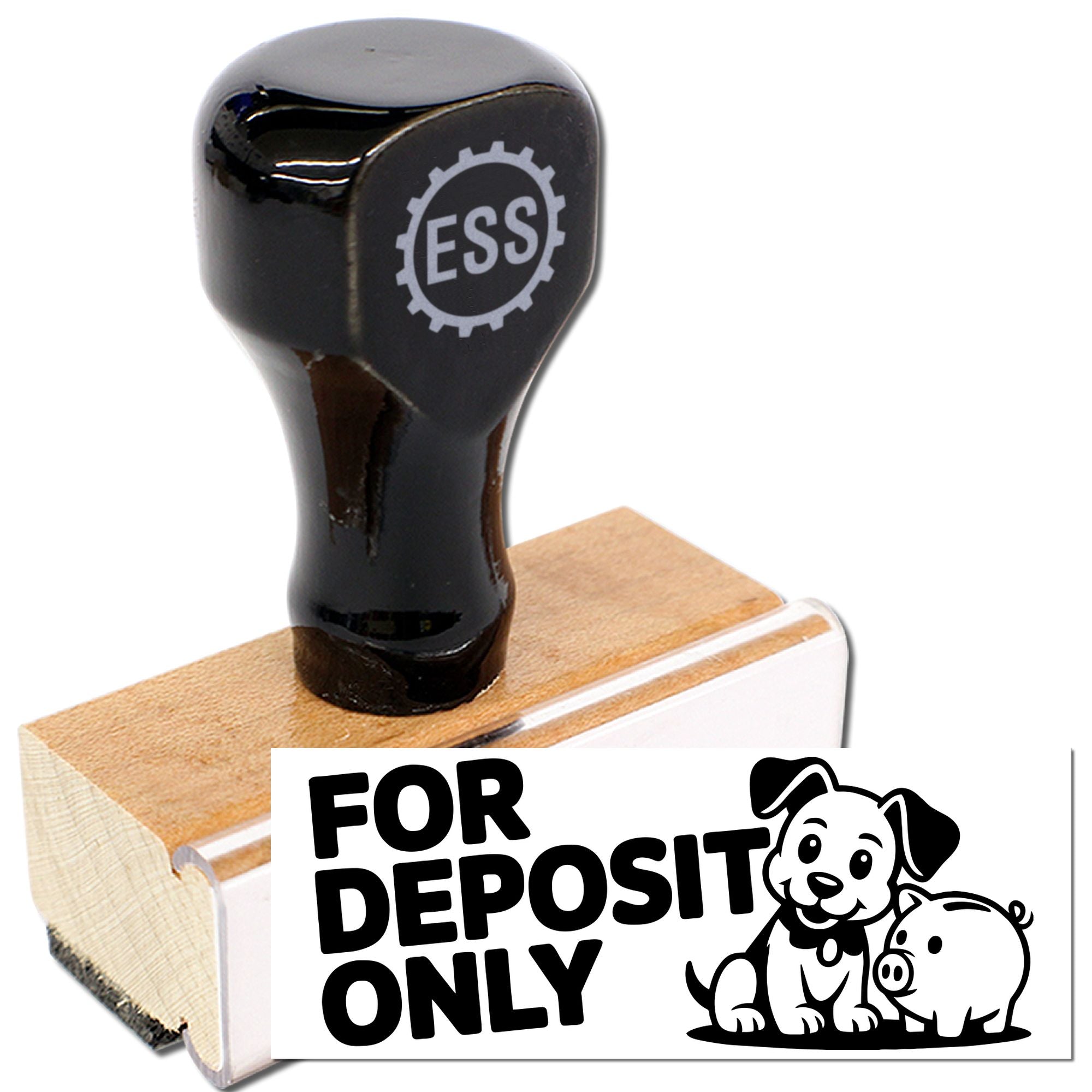 Black ESS rubber stamp and wooden seal base with FOR DEPOSIT ONLY text and dog-and-pig graphic