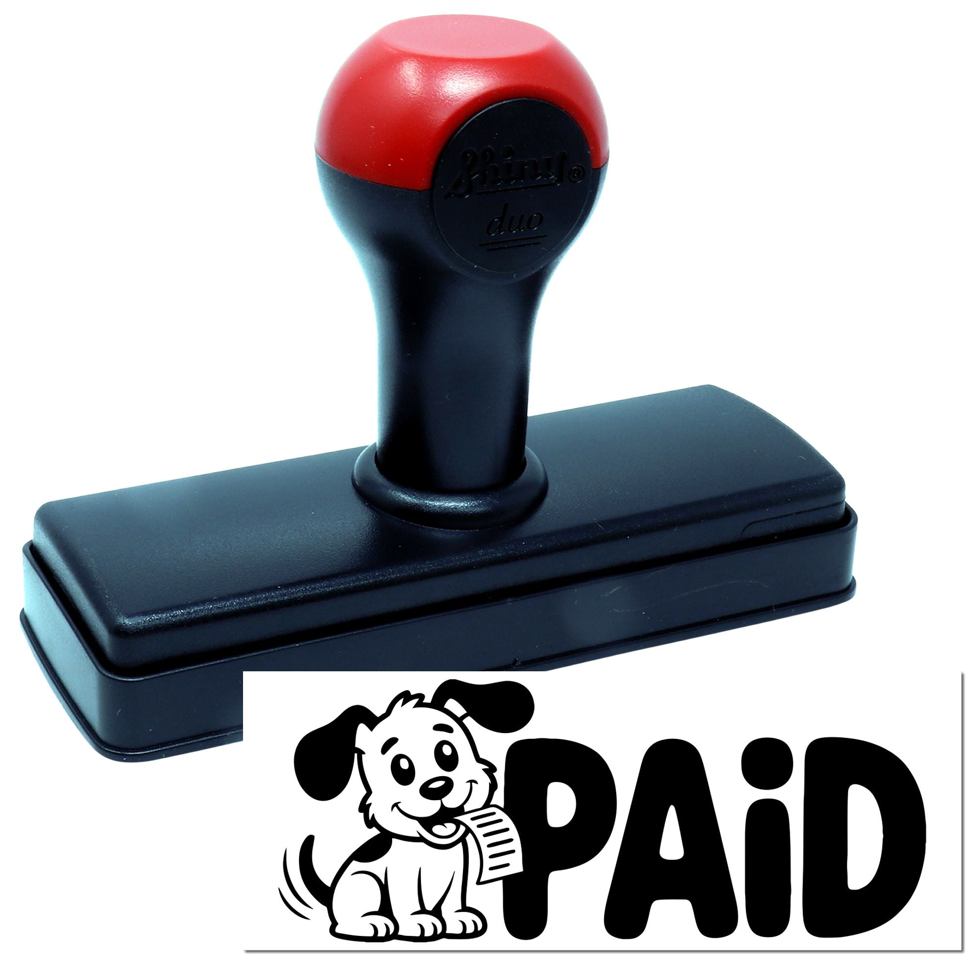 Red and black self-inking stamp and seal with PAID dog logo and rectangular base.