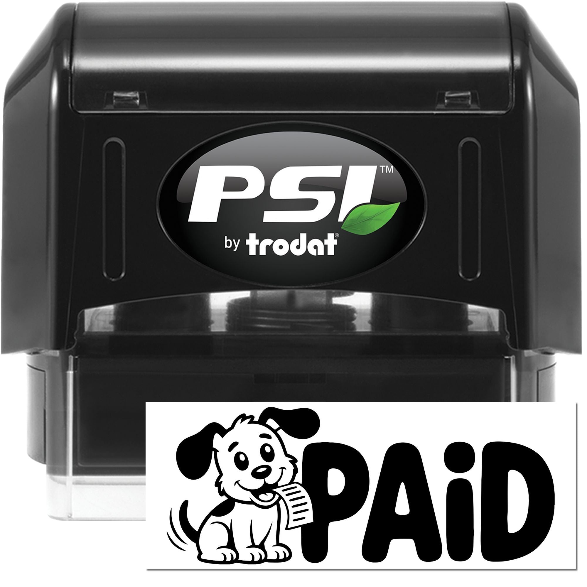 Black PSI by Trodat self-inking stamp and seal with PAID impression on white card.