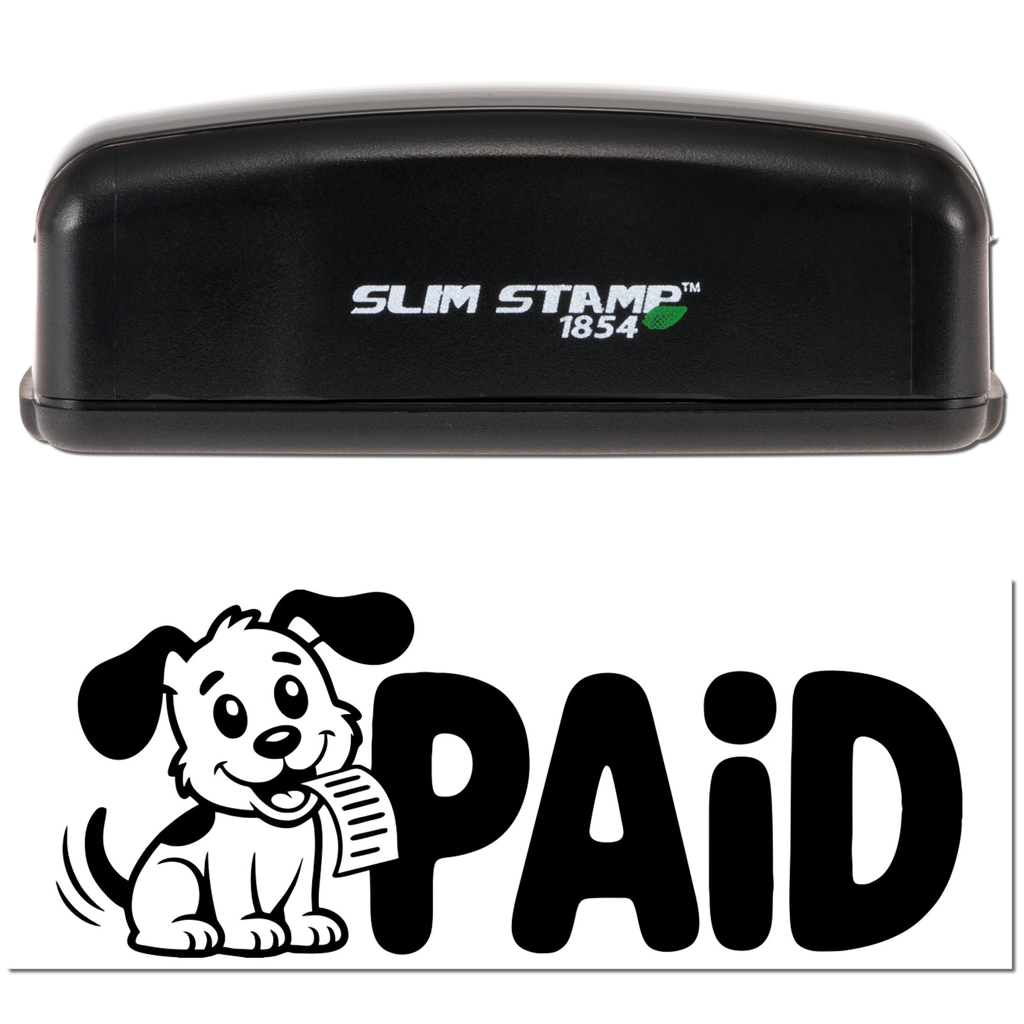 Black Slim Stamp 1854 self-inking stamp with green logo and a black-and-white PAID seal with cartoon dog.