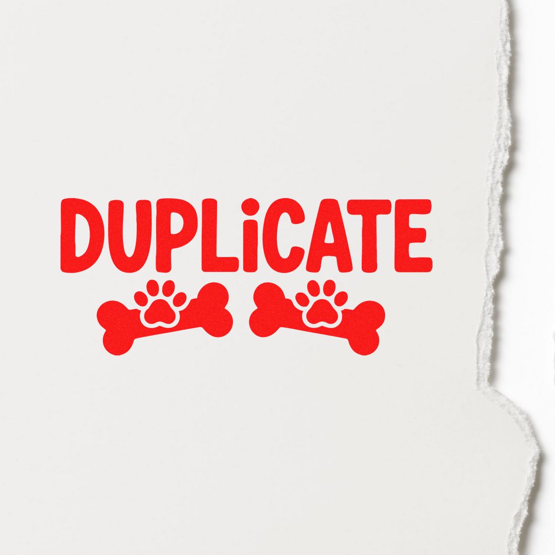 Red duplicate stamp with paw print and bone seal on torn white paper