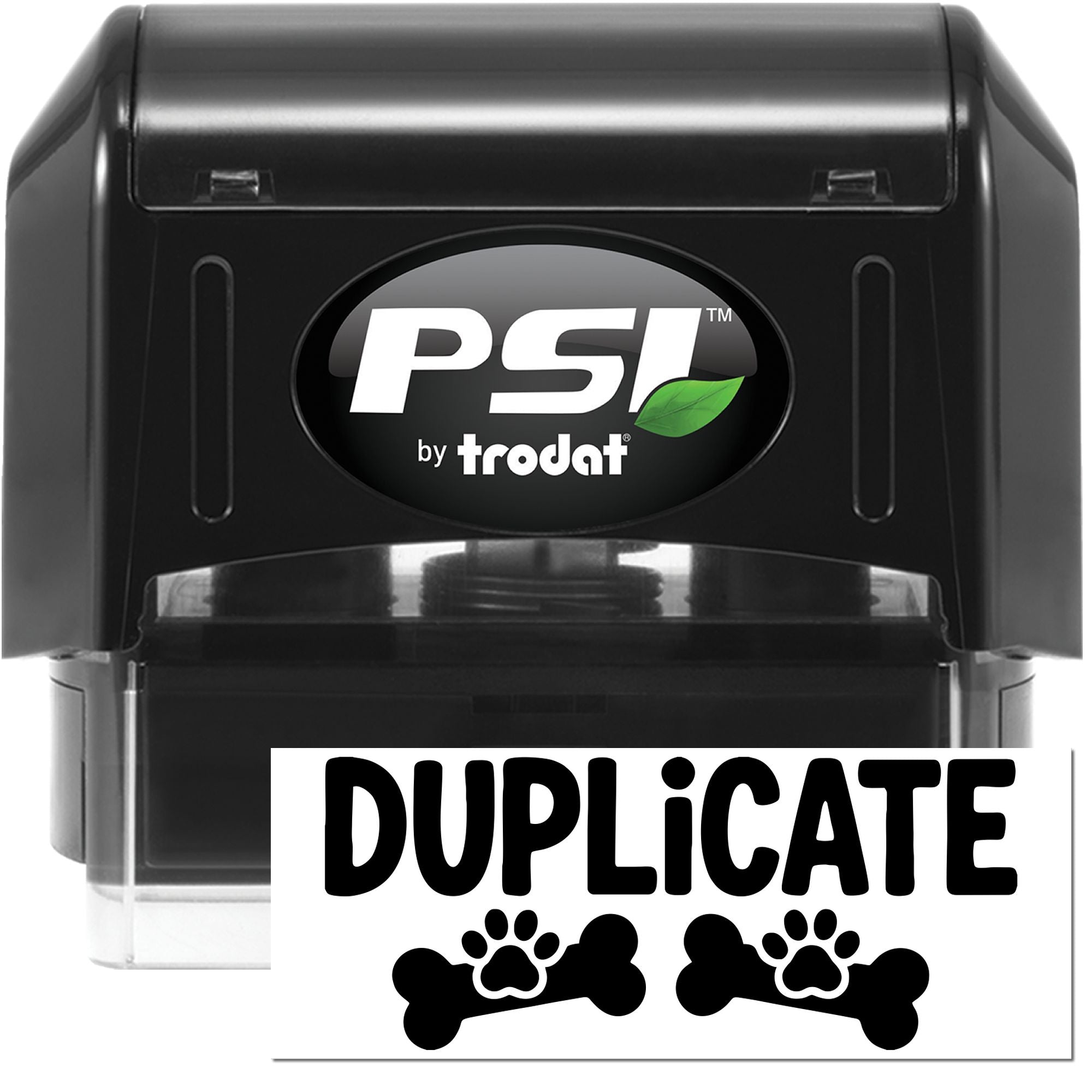 Black PSI by Trodat self-inking duplicate stamp and seal with white DUPLICATE label and paw print bone design.
