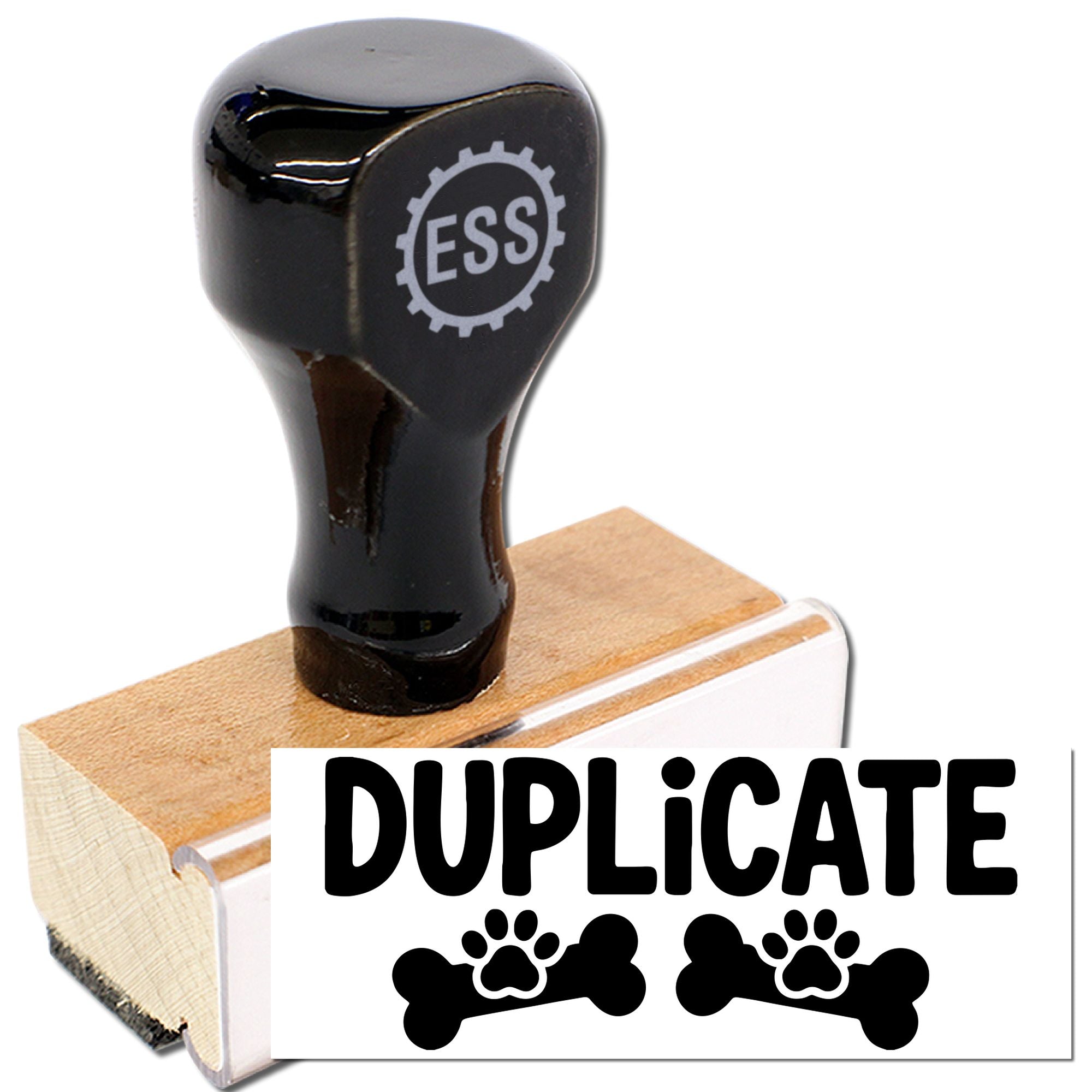 Black ESS duplicate rubber stamp and seal with wooden block and paw-print bone design