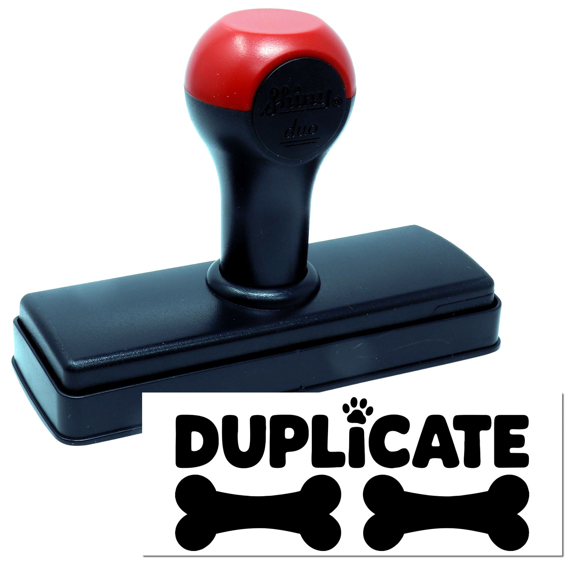 Red and black self-inking stamp and seal with Duplicat? dog-bone logo on white background.