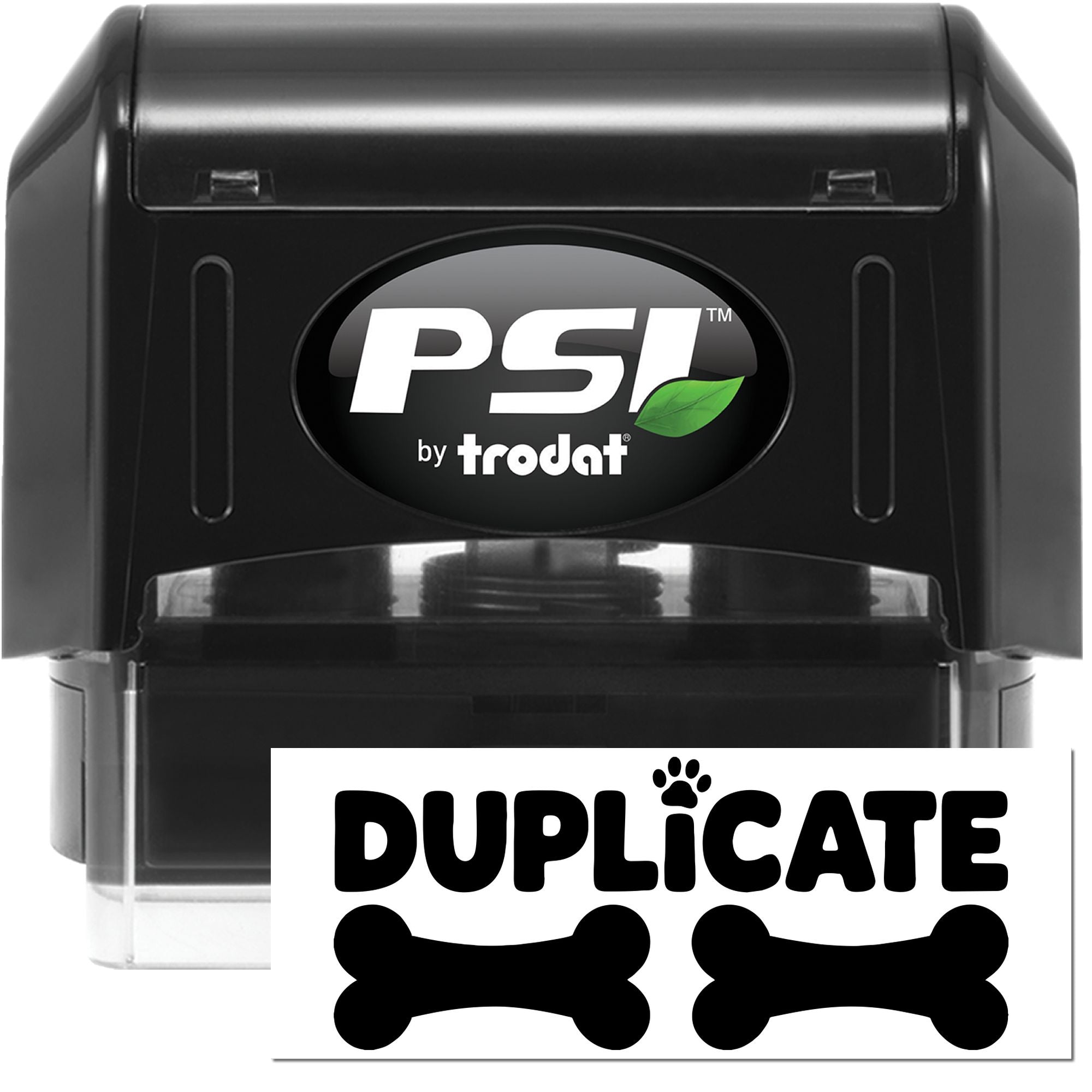 Black PSI by Trodat self-inking duplicate stamp and seal with white label, clear base, and green leaf logo.