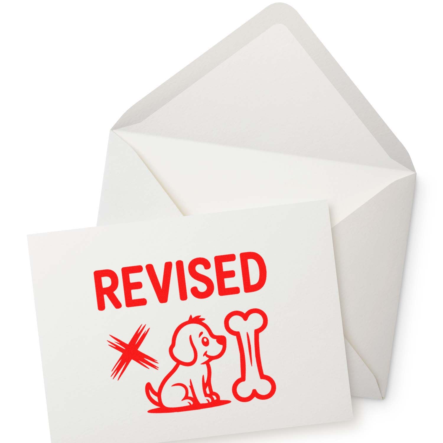 White envelope and card with a red REVISED stamp, dog and bone seal graphic for stamp and seal products.