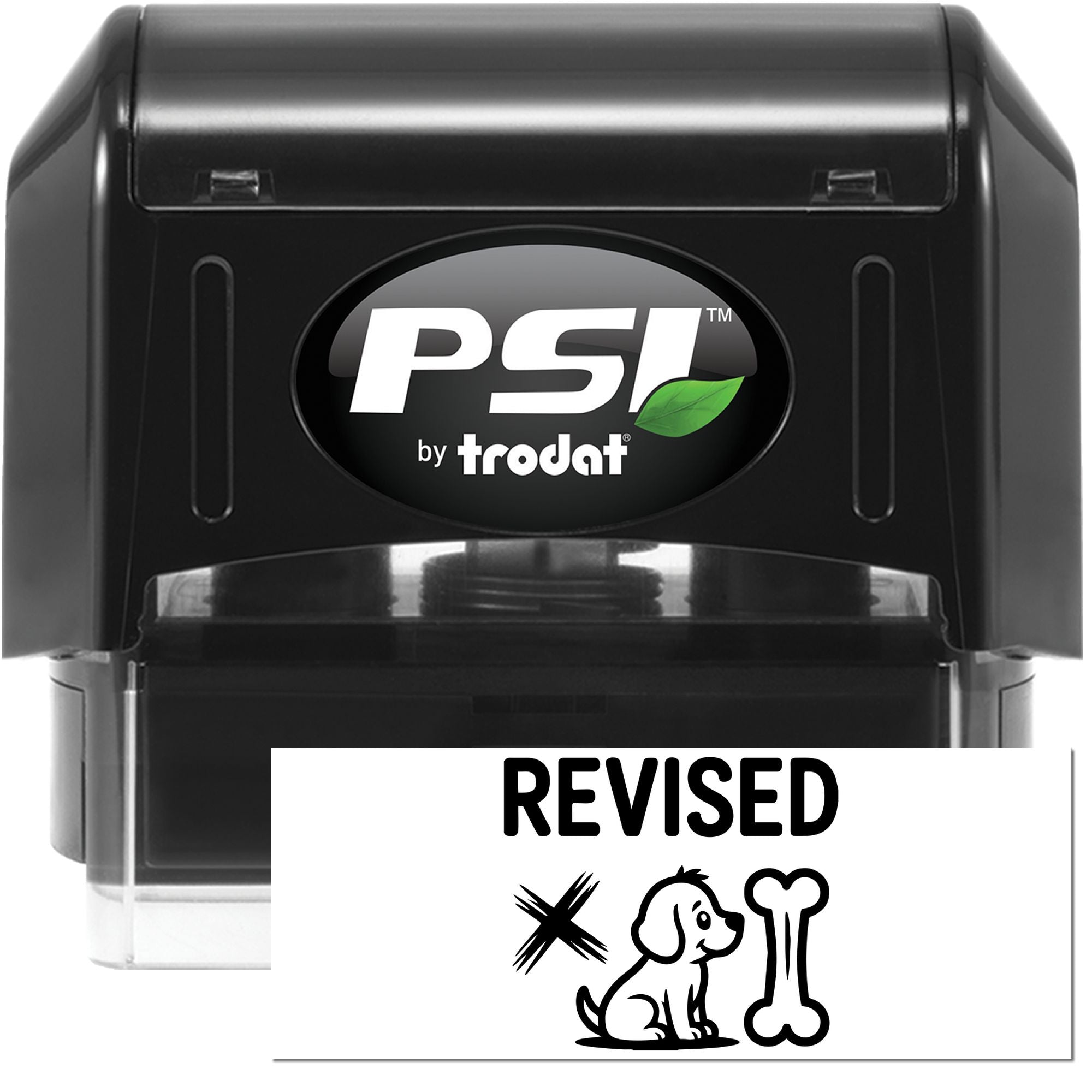 Black PSI by Trodat self-inking stamp and seal with green leaf logo, clear base, and revised imprint card.