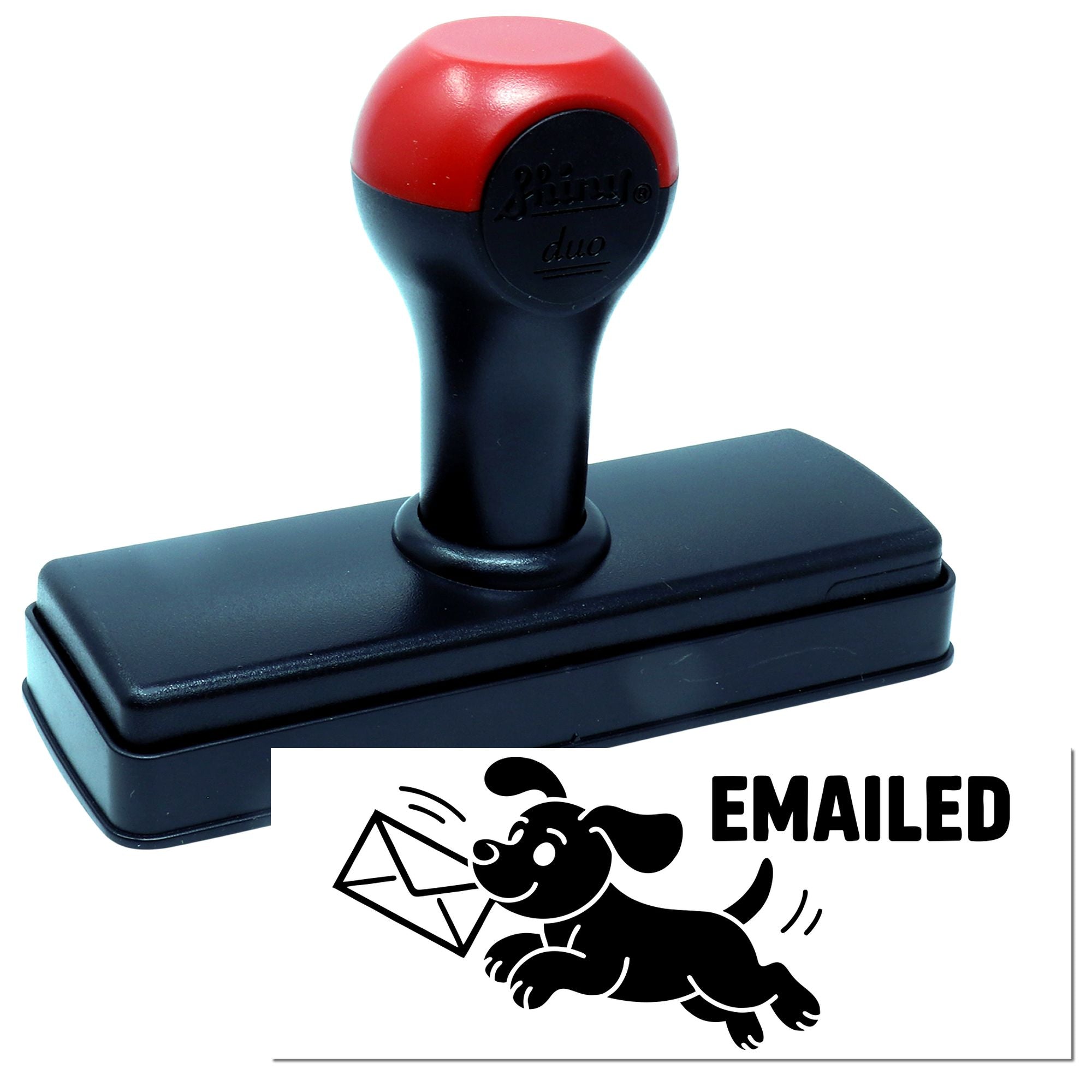 Red-and-black self-inking stamp with rectangular base and matching Emailed dog-and-envelope seal design.