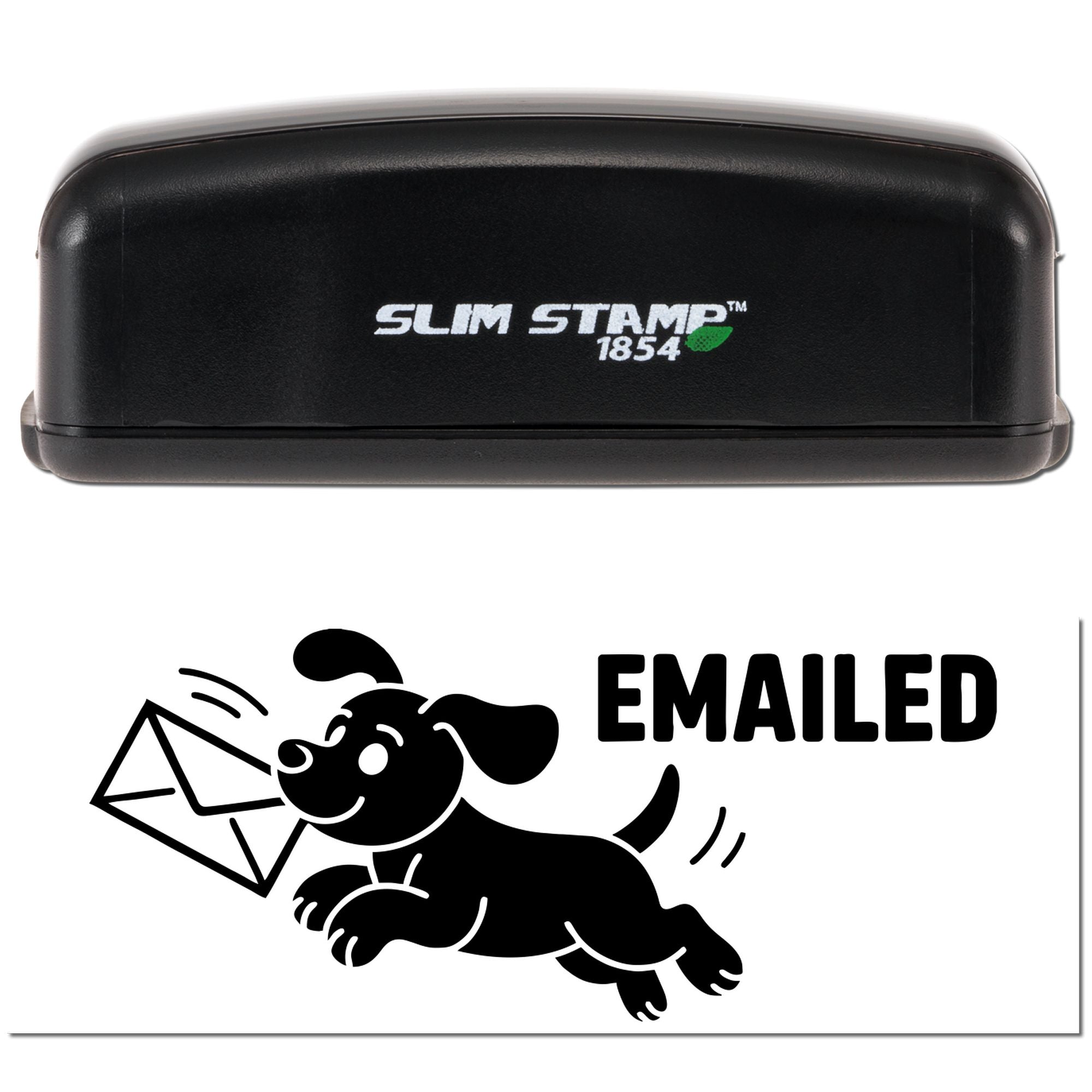 Black Slim Stamp 1854 self-inking stamp and seal with EMAILED dog-and-envelope design on white background
