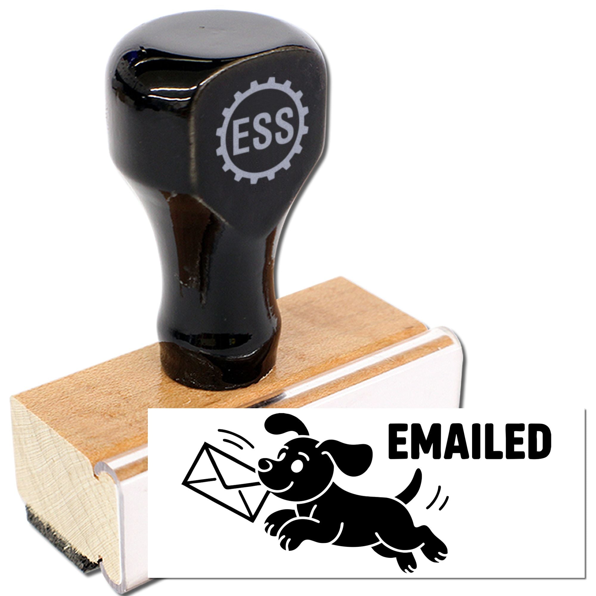 Black custom stamp and seal on wood with ESS logo, creating a white EMAILED imprint with dog and envelope.
