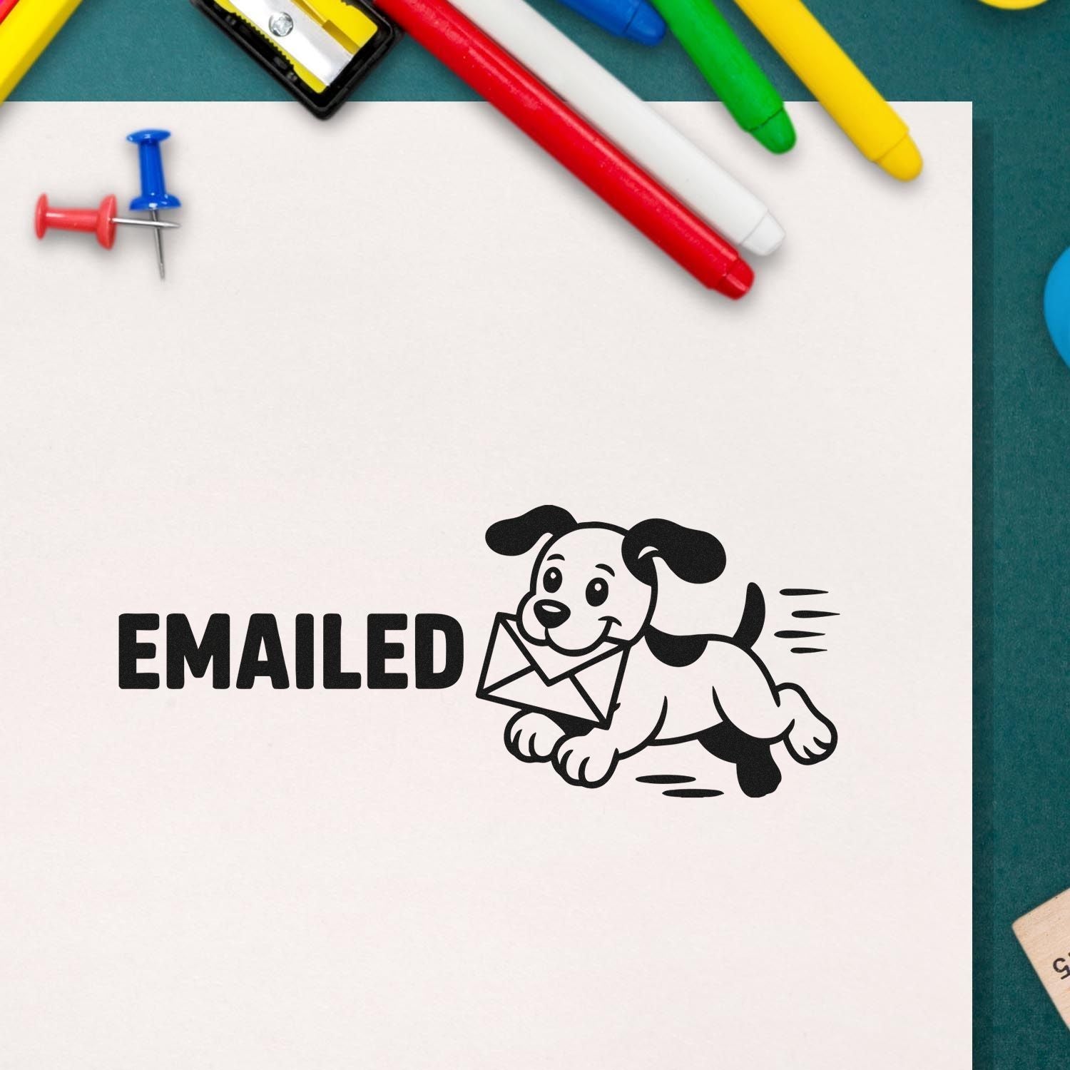 Black EMAILED stamp and seal with running dog carrying envelope on white paper, surrounded by colorful pens and push pins.