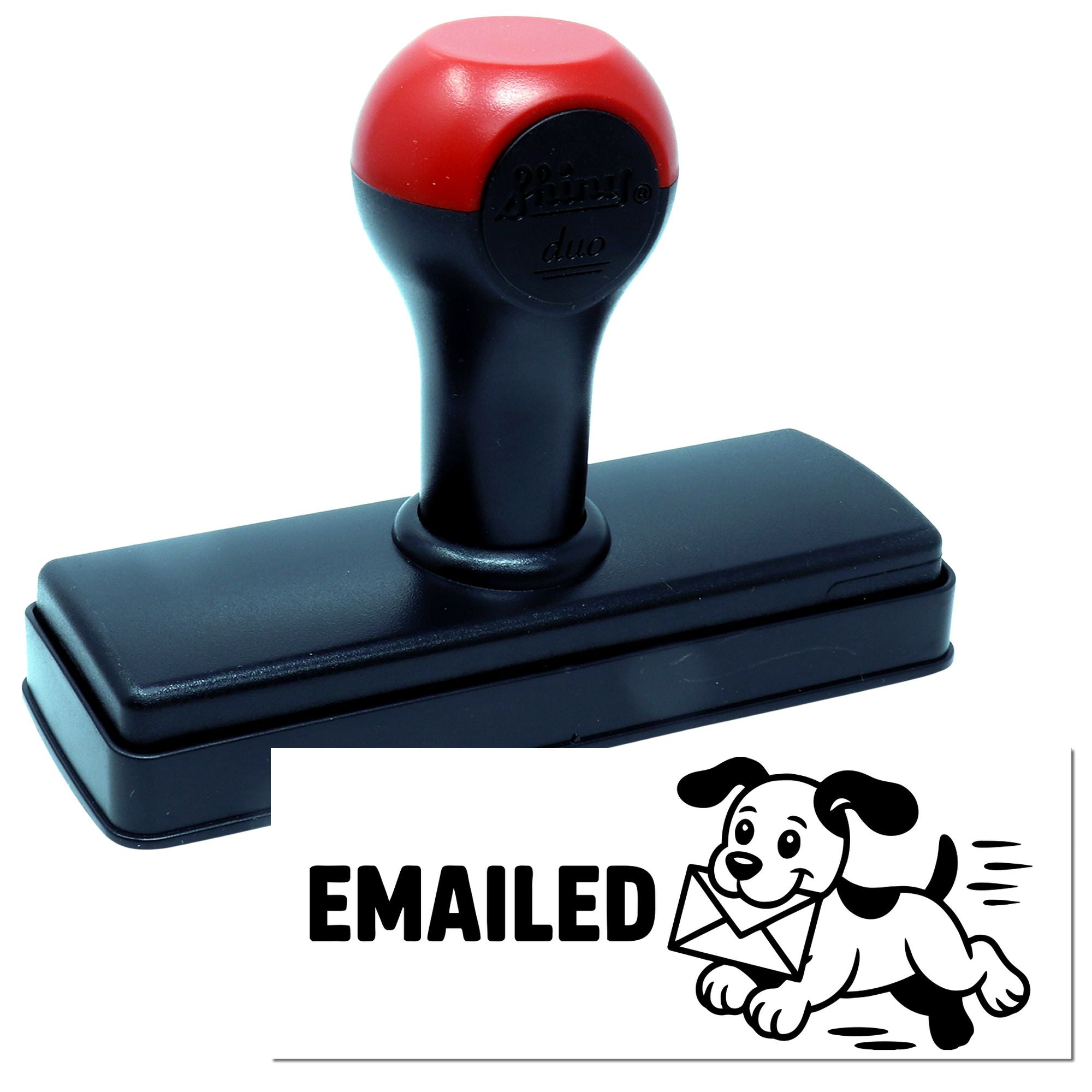 Red-and-black self-inking stamp with EMAILED seal and dog logo for custom office marking.