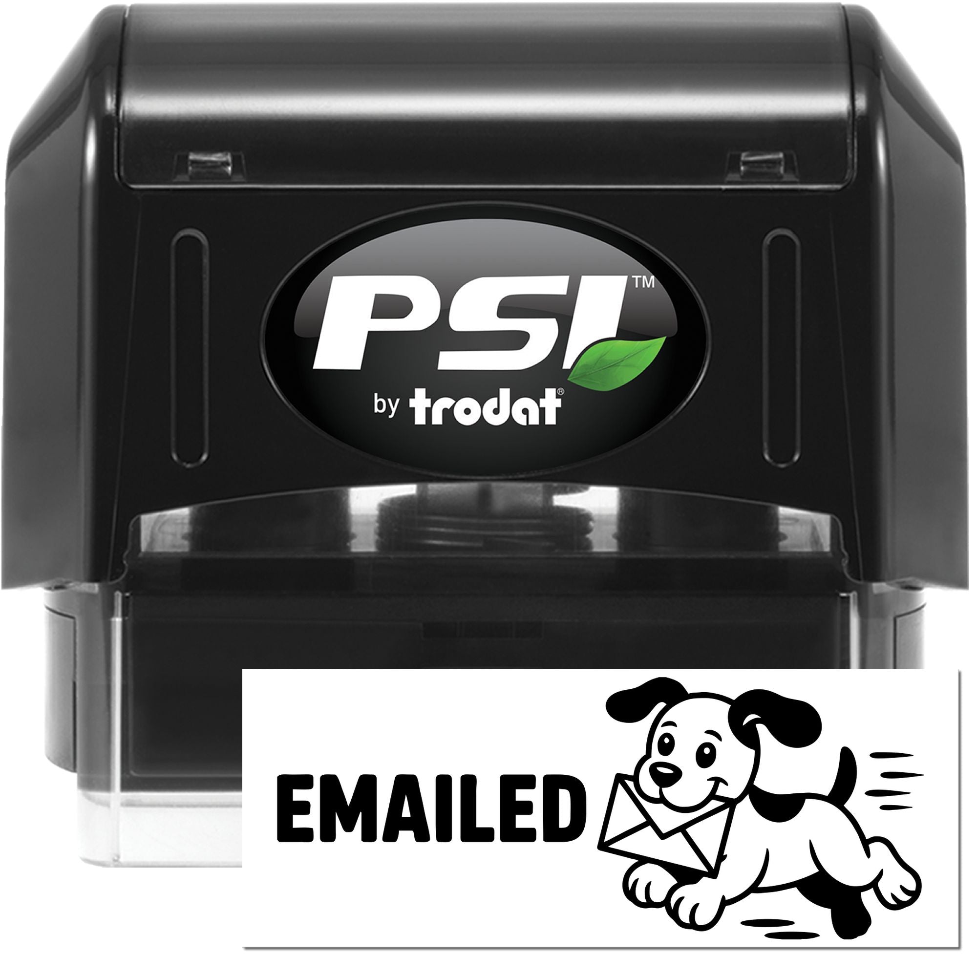 Black PSI by Trodat self-inking stamp and seal with clear window and white EMAILED imprint card.