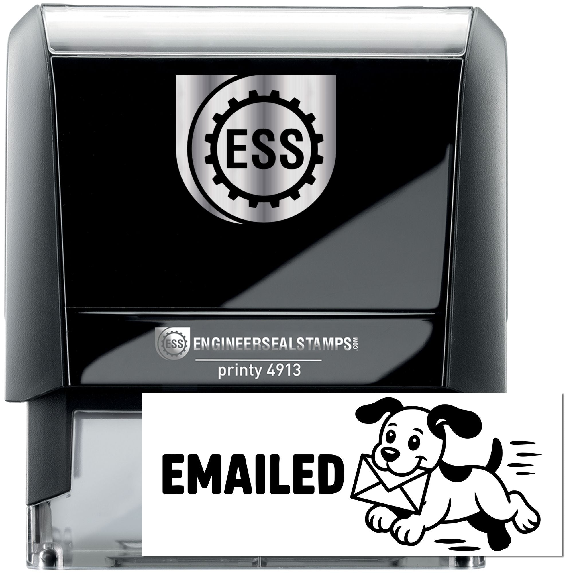 Black self-inking engineer seal stamp with silver ESS logo and Emailed dog design, black and gray casing