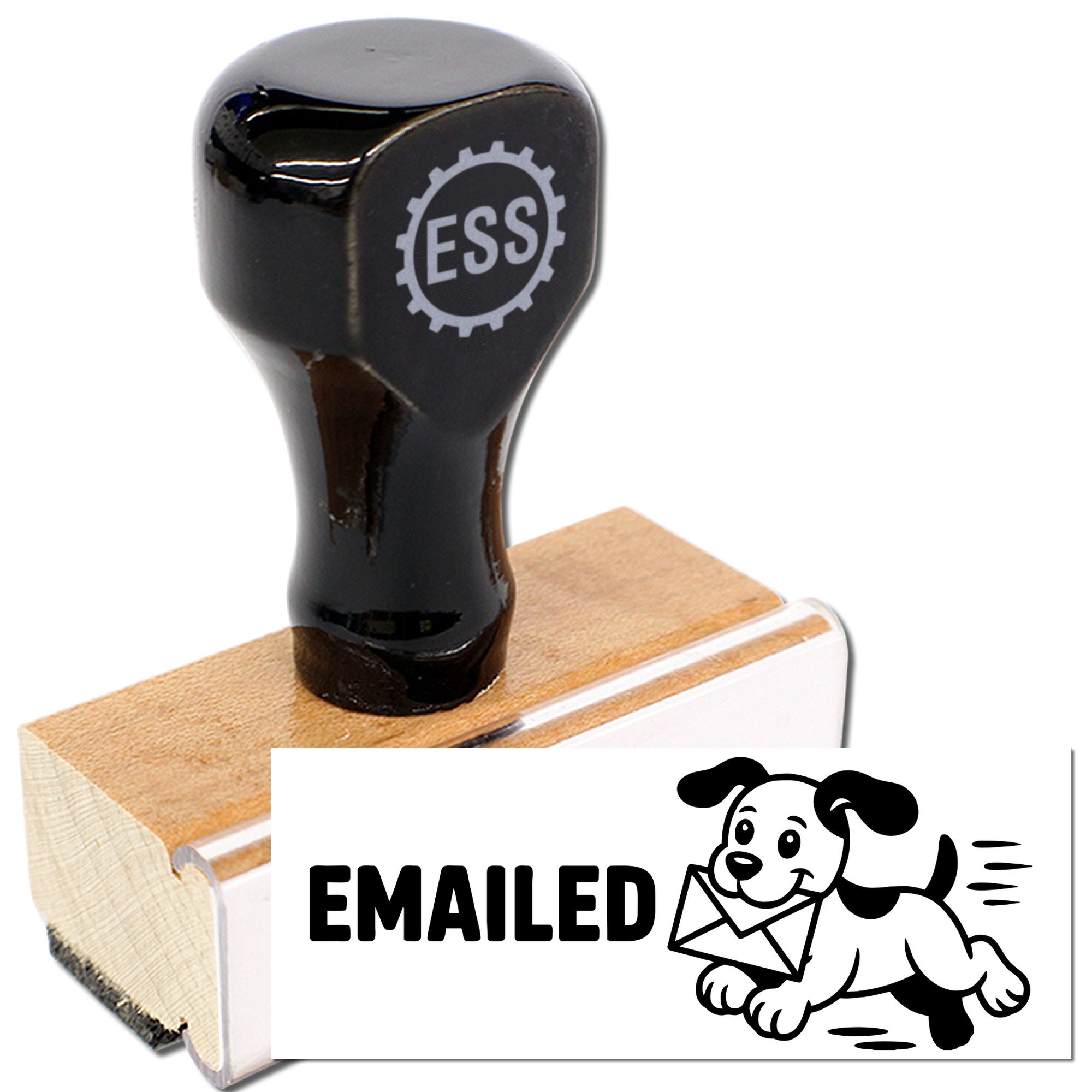 Black ESS self-inking stamp on wooden block with white EMAILED seal and dog-envelope graphic