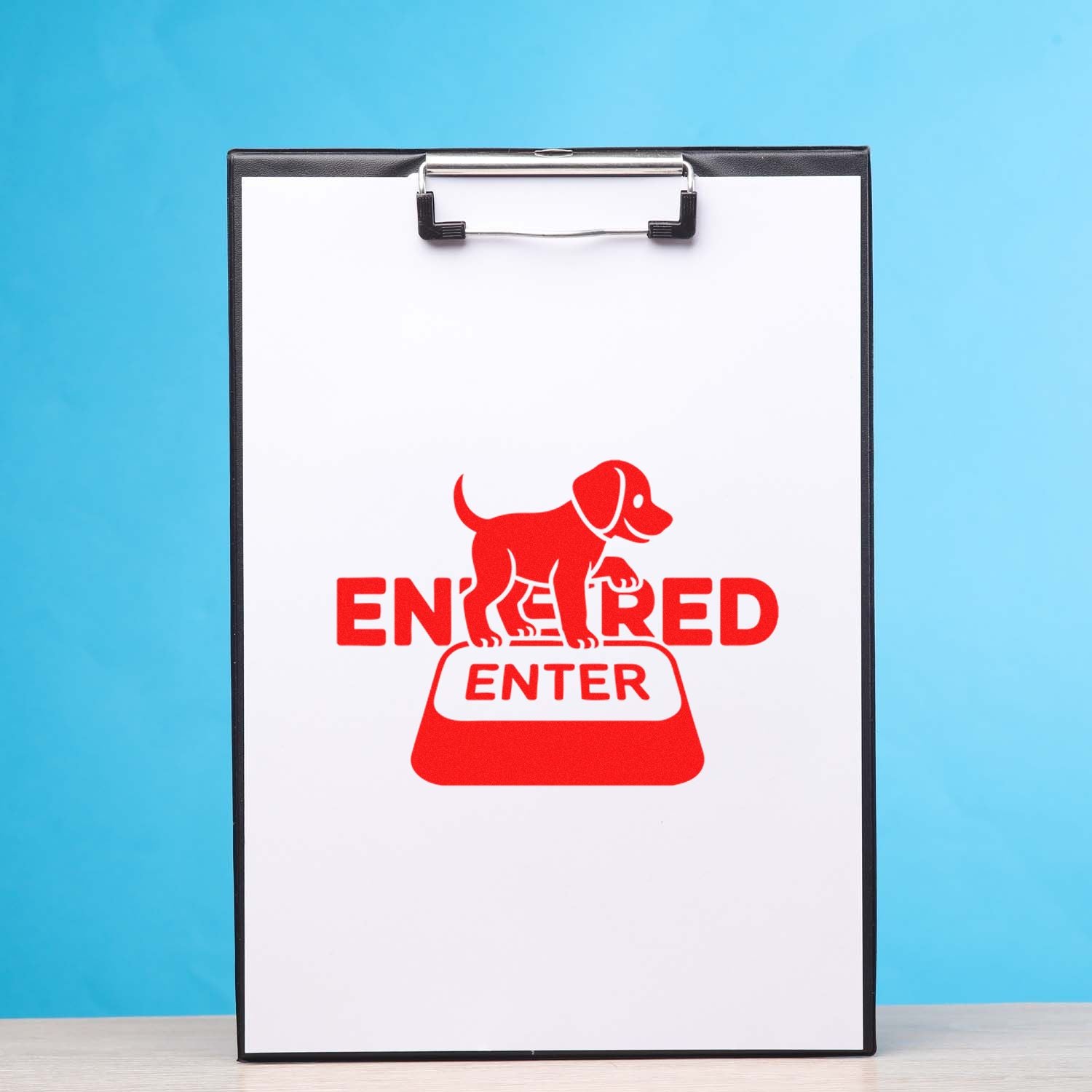 Red Entered stamp and seal on white clipboard with dog icon, black frame, against blue background.
