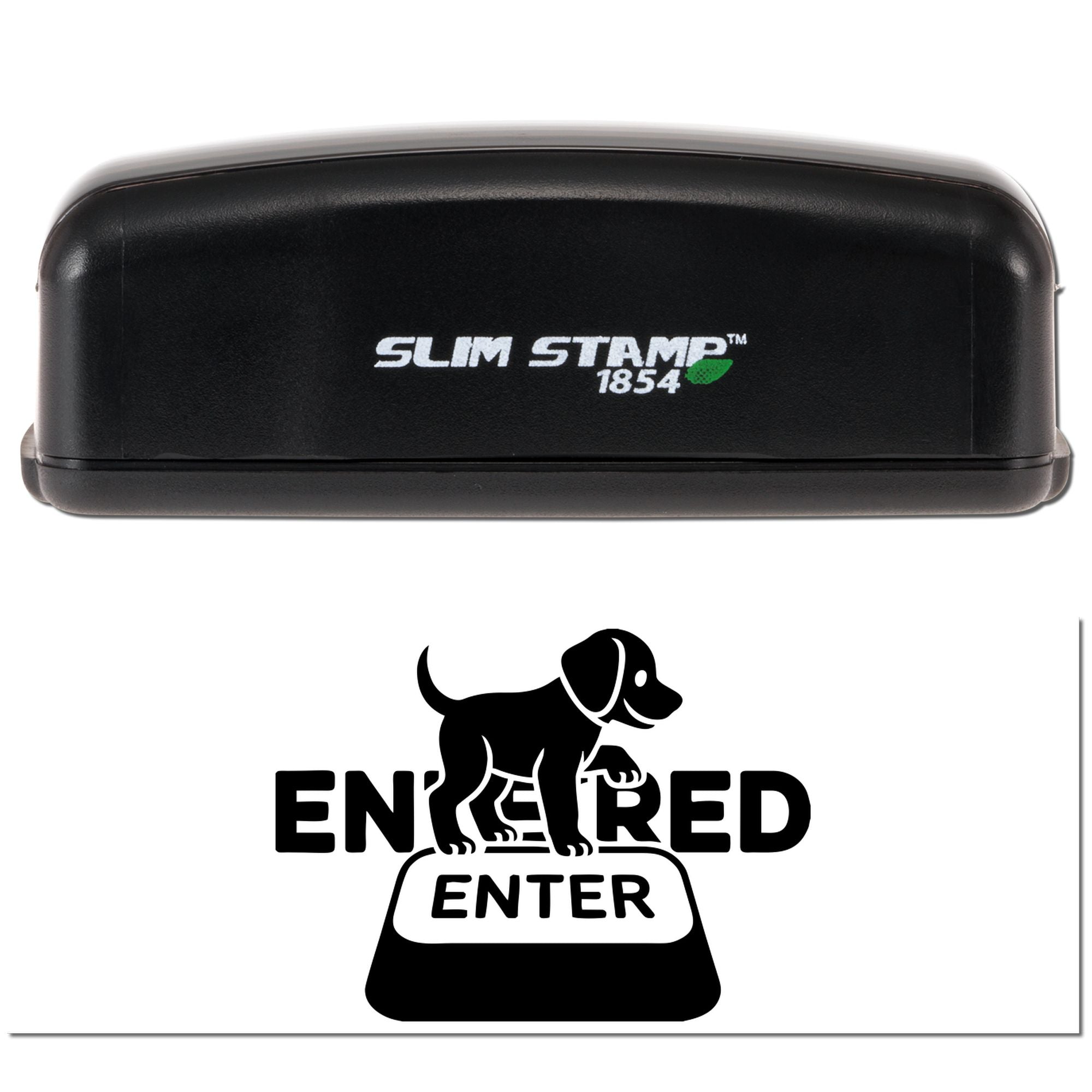 Black Slim Stamp 1854 self-inking stamp with Entered dog seal imprint on white background.