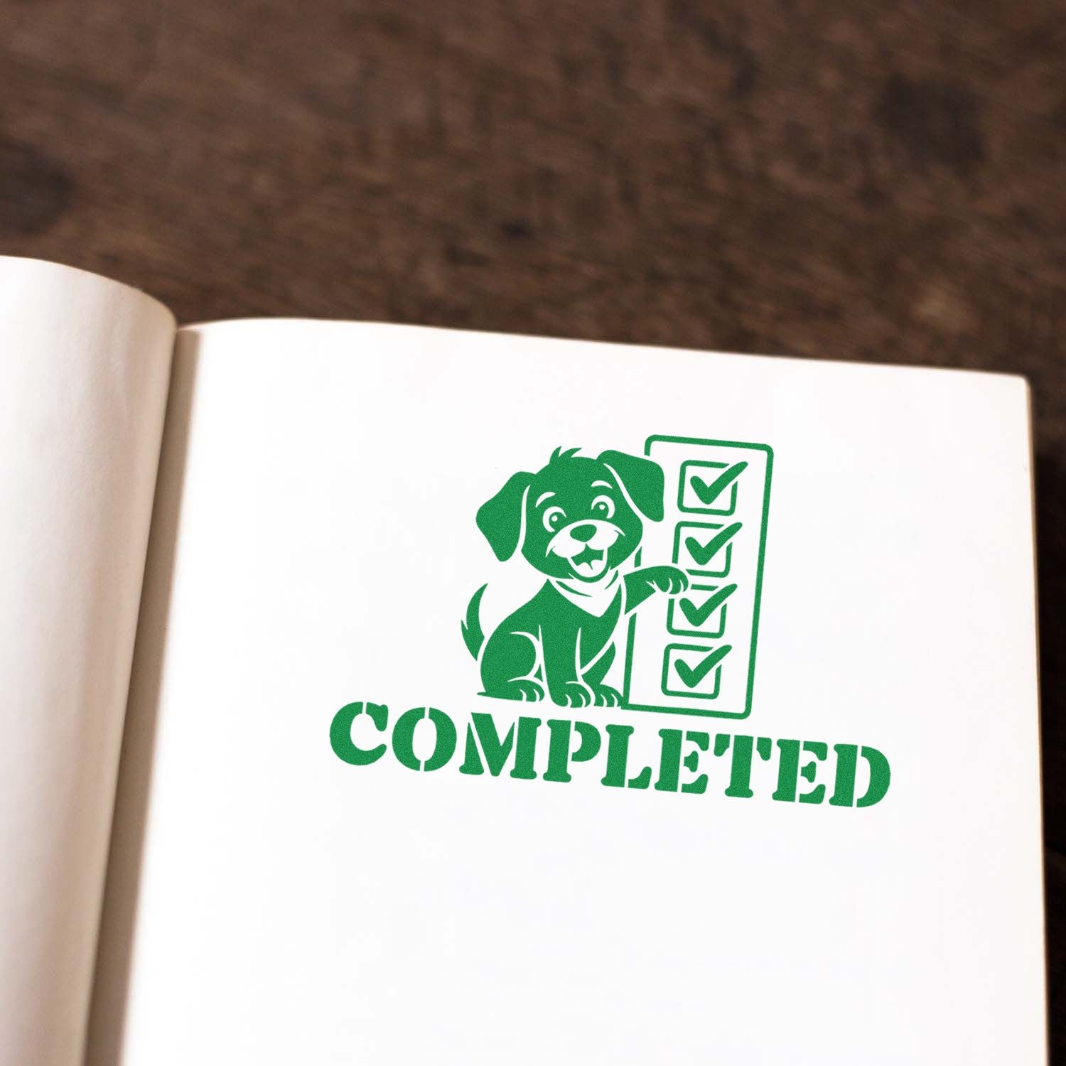 Green dog checklist rubber stamp and seal in green with COMPLETED text on white page.