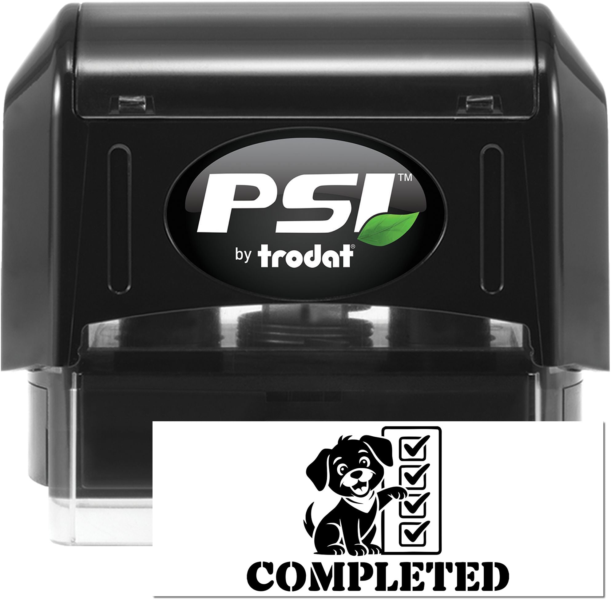 Black PSI by Trodat self-inking stamp with white Completed dog checklist seal