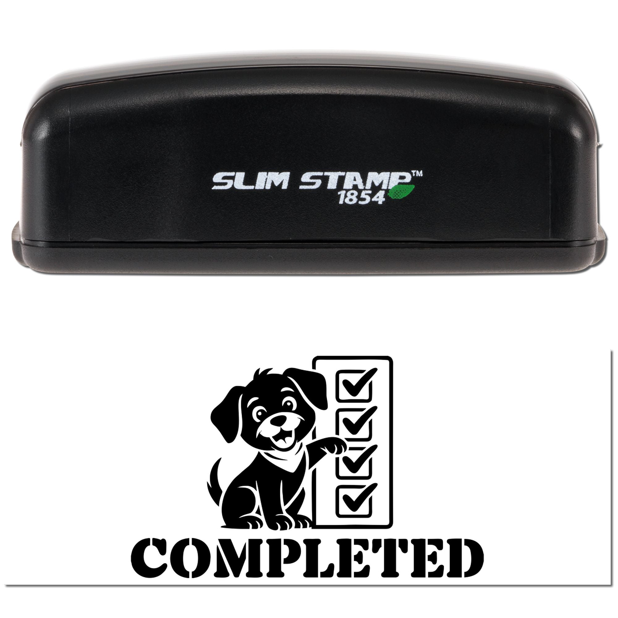 Black Slim Stamp 1854 stamp and completed seal with dog icon, checklist boxes, and bold black COMPLETED text on white background.